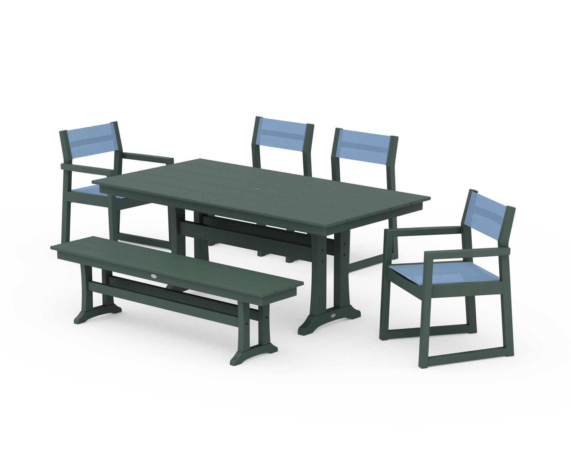 POLYWOOD EDGE Sling 6-Piece Farmhouse Dining Set With Trestle Legs — Green / Poolside Sling