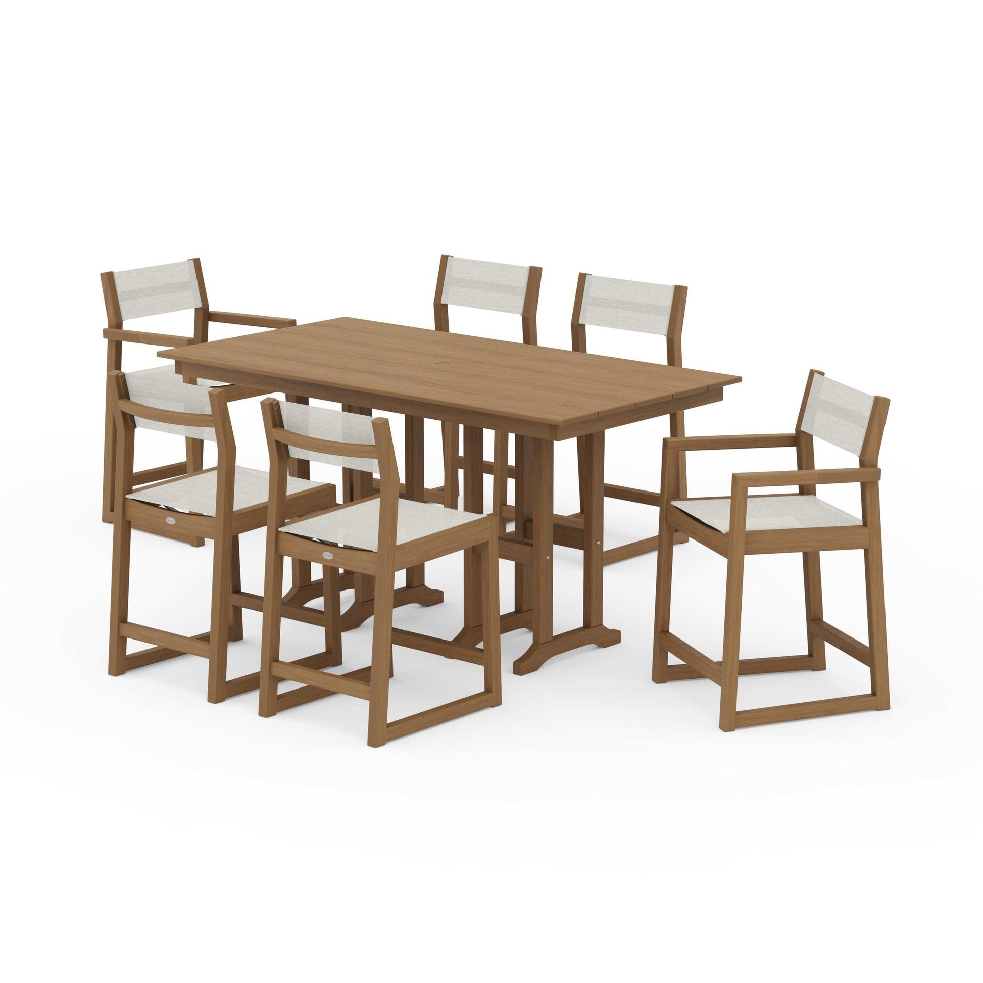 POLYWOOD EDGE Sling 7-Piece Farmhouse Counter Set with Trestle Legs — Natural / Parchment Sling