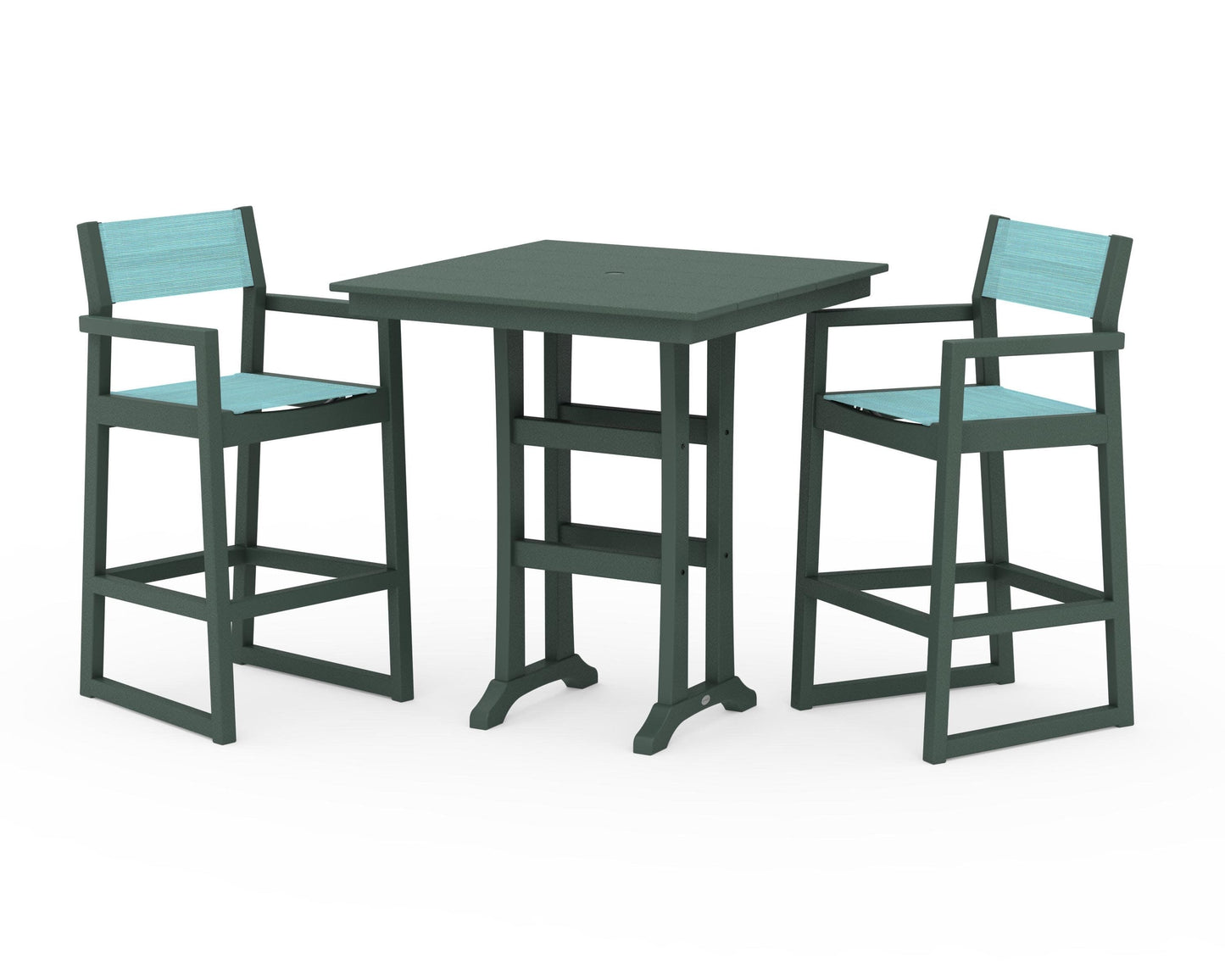 POLYWOOD EDGE Sling Arm Chair 3-Piece Farmhouse Bar Set with Trestle Legs — Green / Dupioni Aquamarine Sling