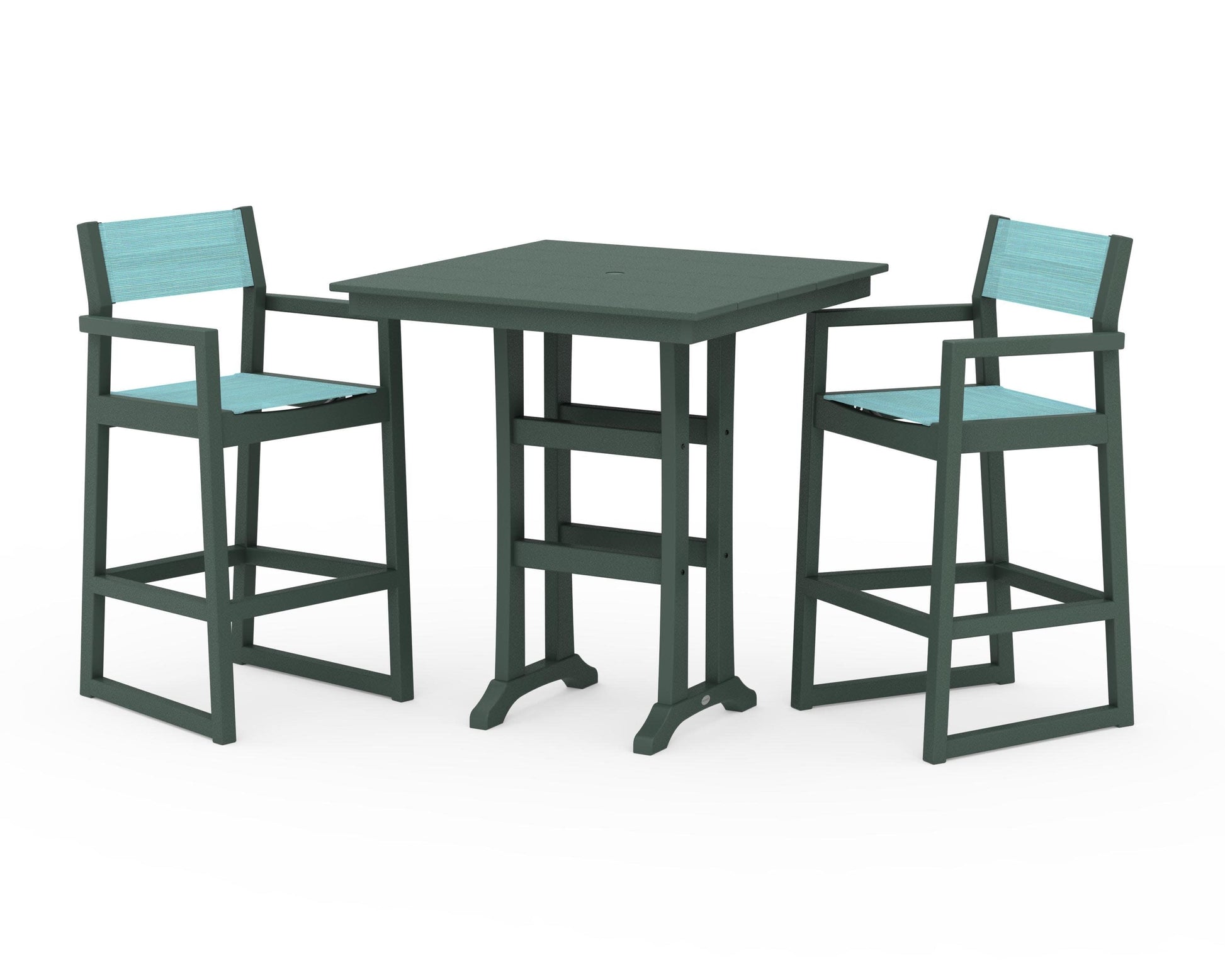 POLYWOOD EDGE Sling Arm Chair 3-Piece Farmhouse Bar Set with Trestle Legs — Green / Dupioni Aquamarine Sling
