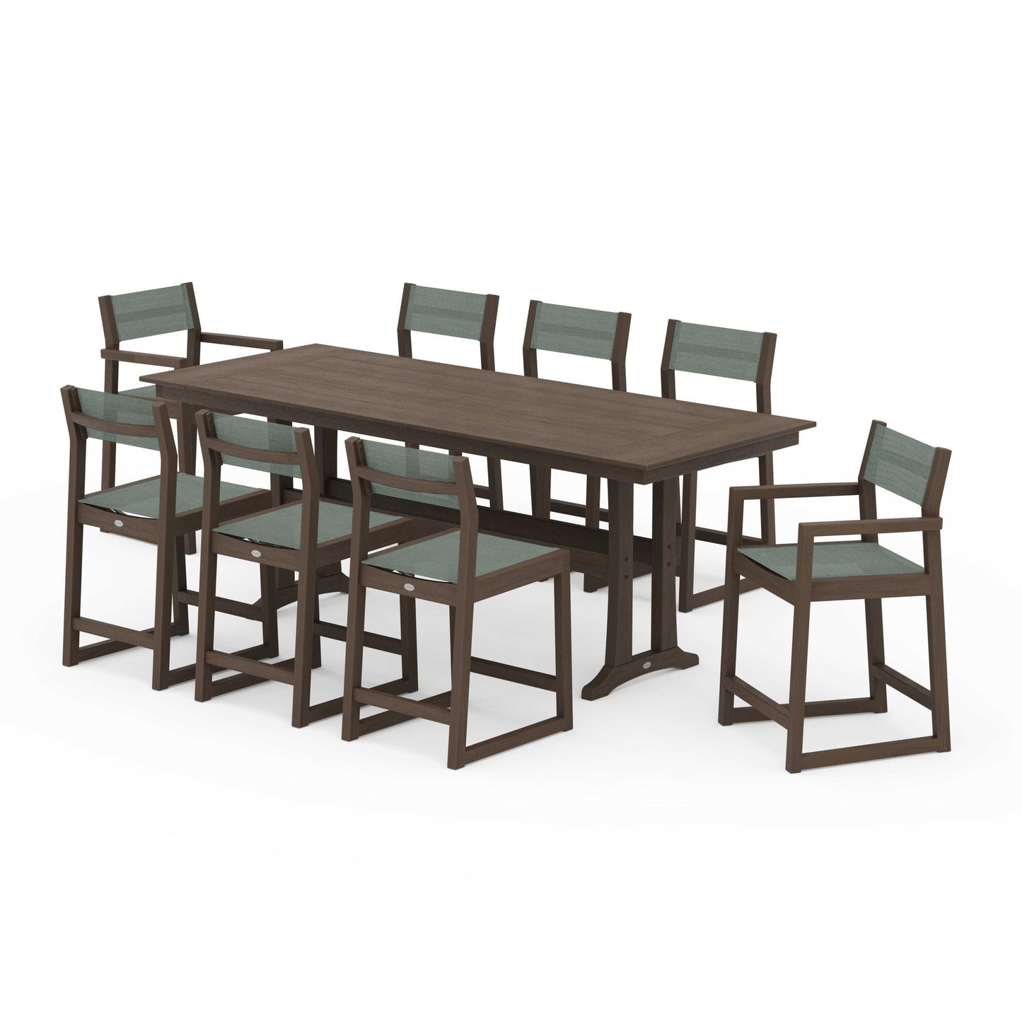 POLYWOOD EDGE Sling 9-Piece Farmhouse Counter Set with Trestle Legs — Kona / Dupioni Sea Mist Sling