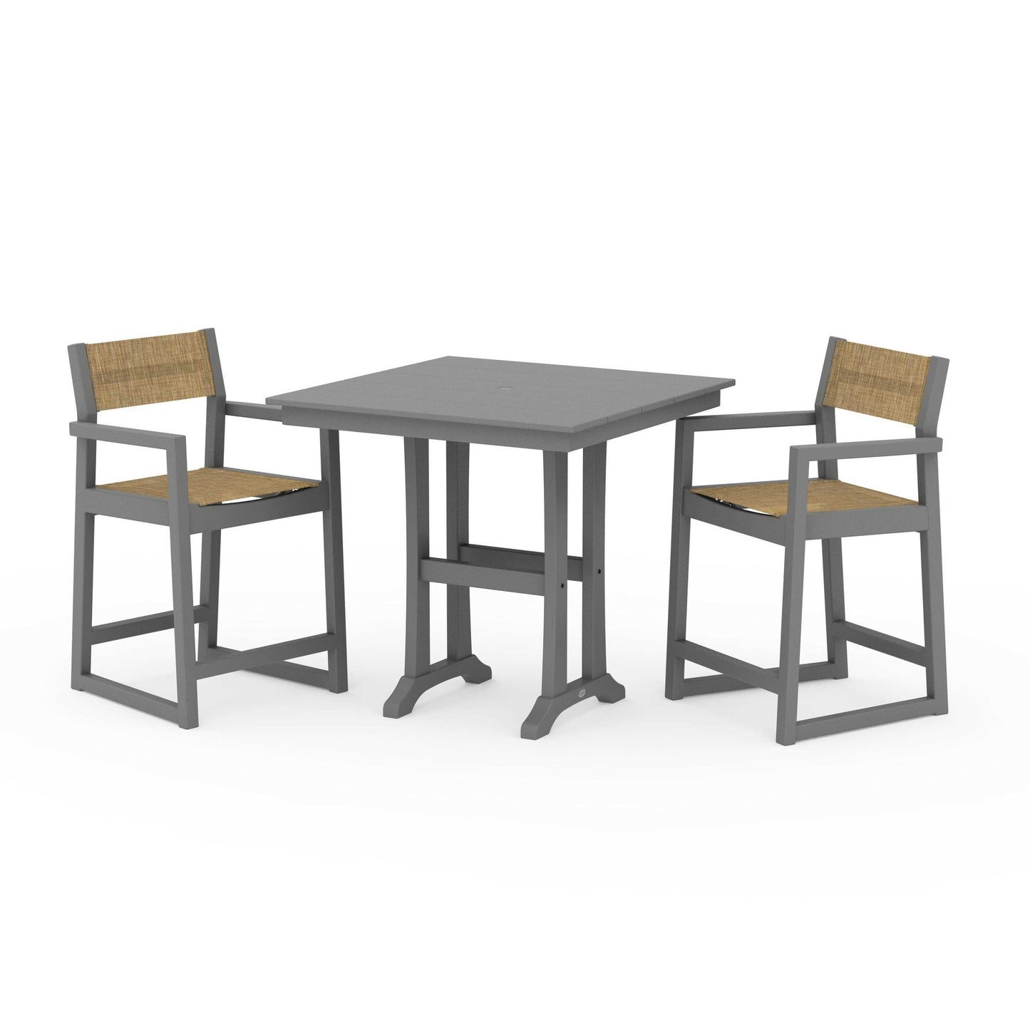 POLYWOOD EDGE Sling Arm Chair 3-Piece Farmhouse Counter Set with Trestle Legs — Slate Grey / Burlap Sling