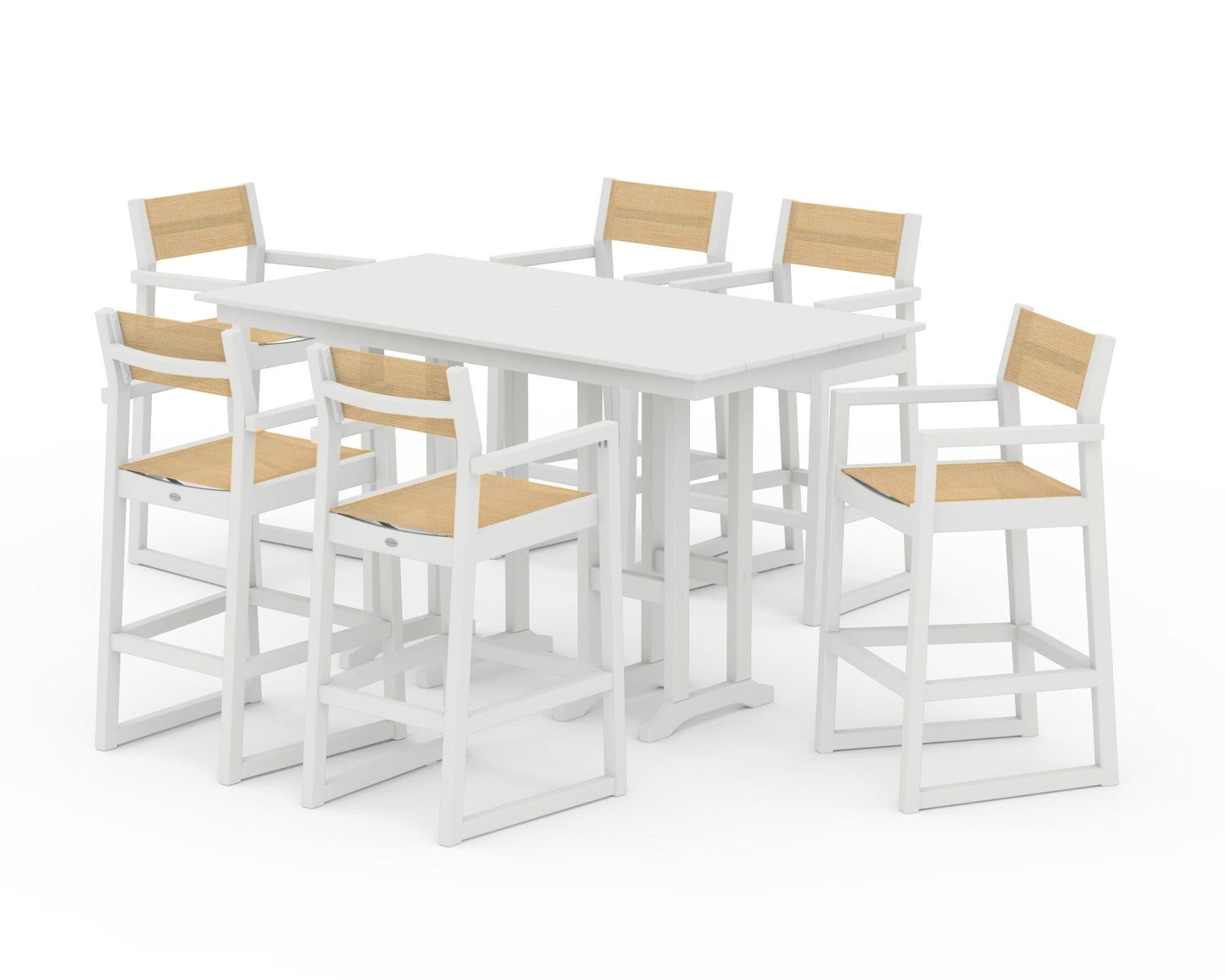 POLYWOOD EDGE Sling Arm Chair 7-Piece Farmhouse Bar Set — Vintage White / Dupioni Apricot Sling