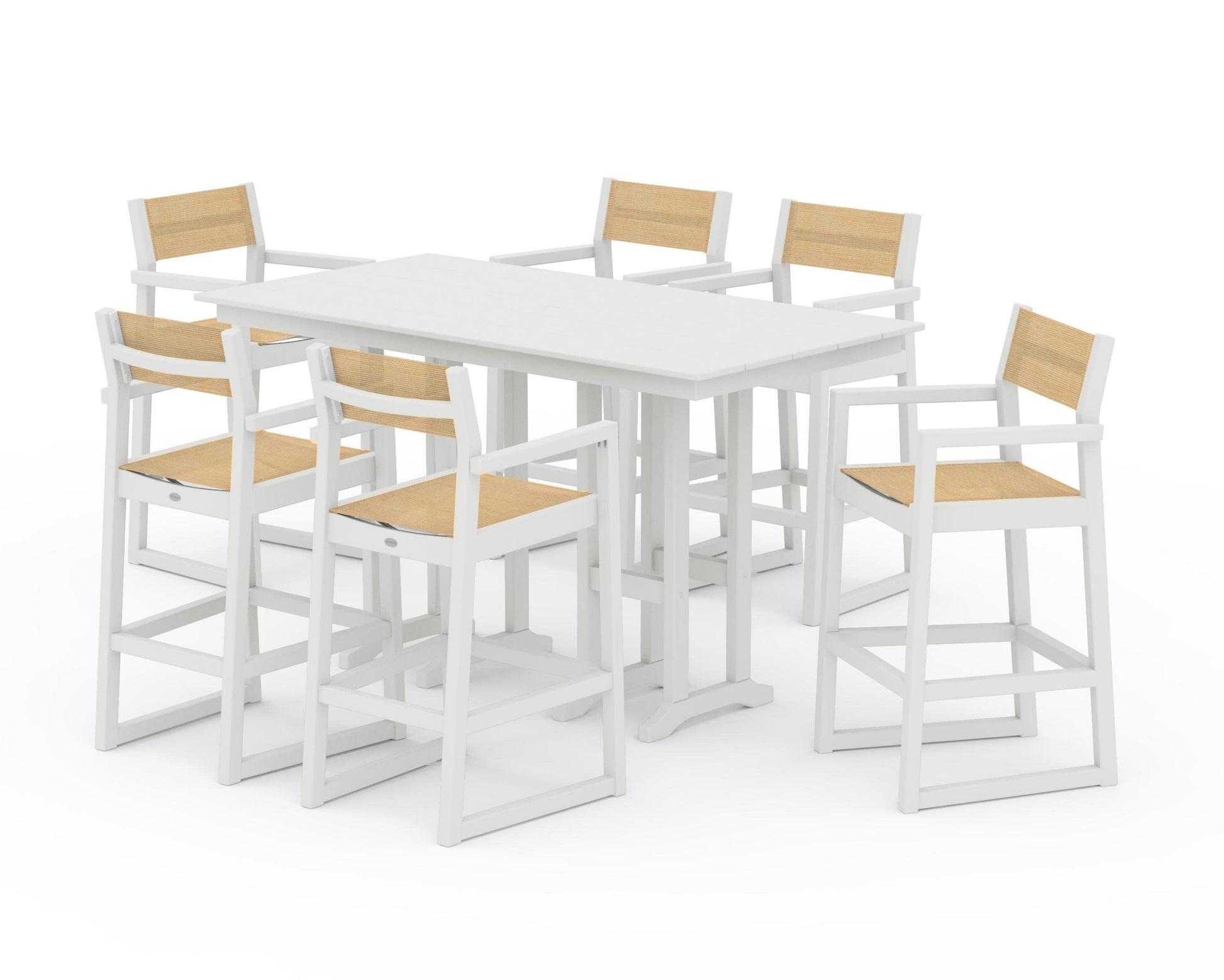 POLYWOOD EDGE Sling Arm Chair 7-Piece Farmhouse Bar Set — Vintage White / Dupioni Apricot Sling