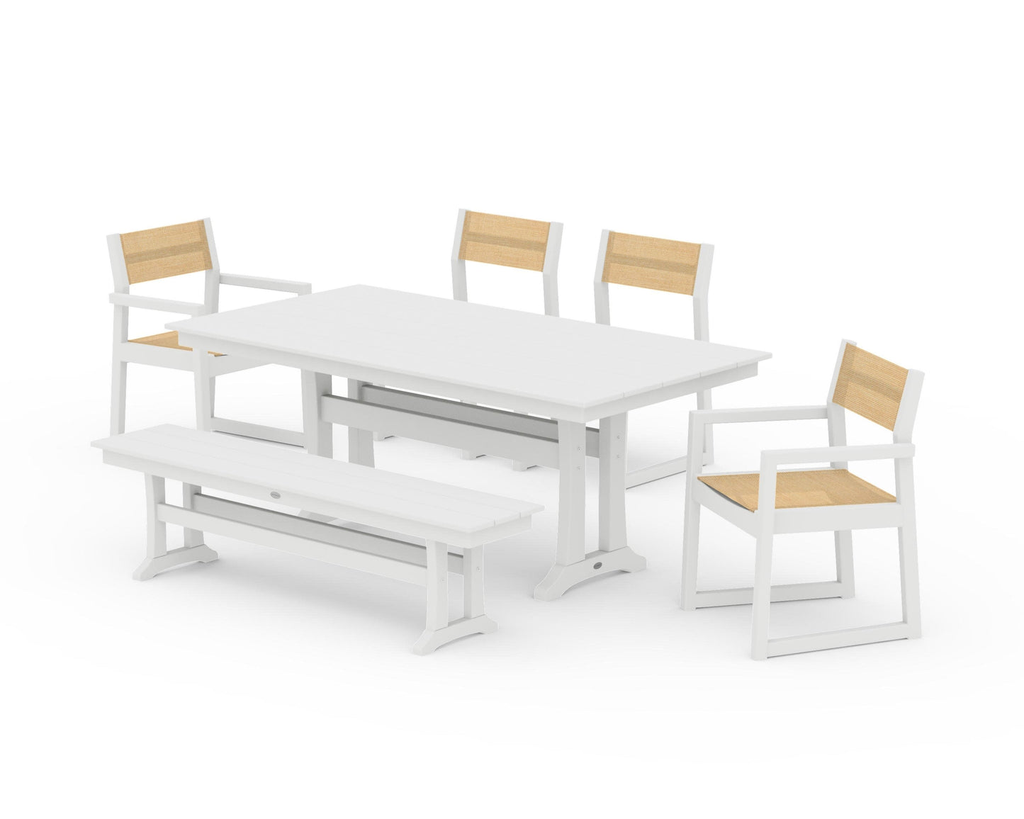 POLYWOOD EDGE Sling 6-Piece Farmhouse Dining Set With Trestle Legs — White / Dupioni Apricot Sling