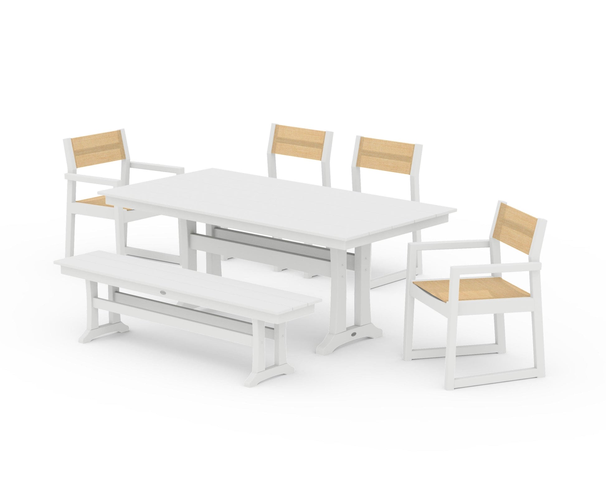 POLYWOOD EDGE Sling 6-Piece Farmhouse Dining Set With Trestle Legs — White / Dupioni Apricot Sling