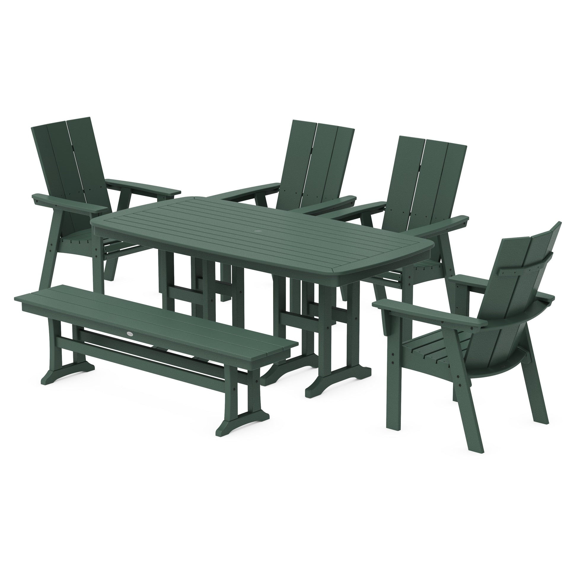 POLYWOOD Modern Curveback Adirondack 6-Piece Dining Set with Bench — Green