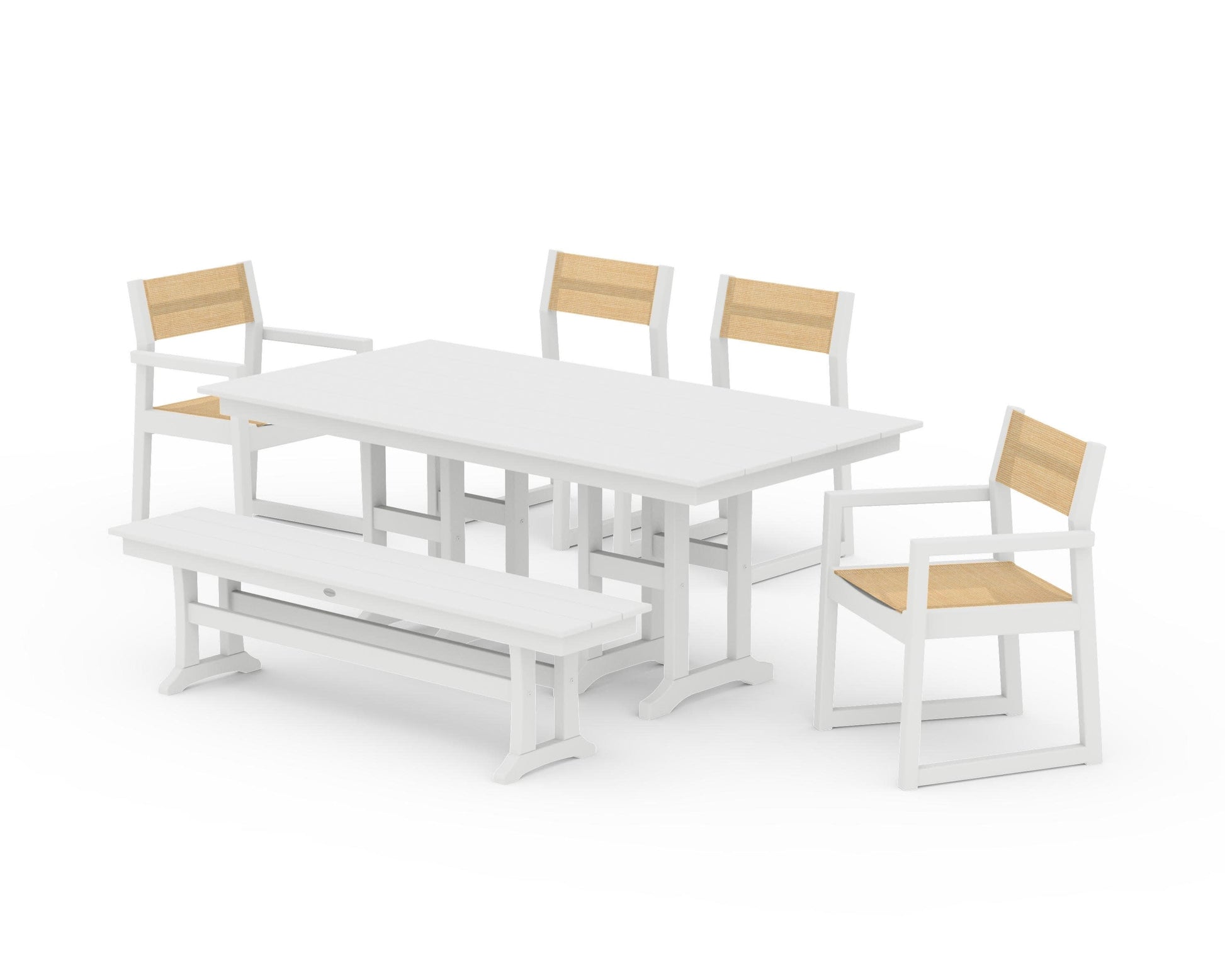POLYWOOD EDGE Sling 6-Piece Farmhouse Dining Set — White / Dupioni Apricot Sling