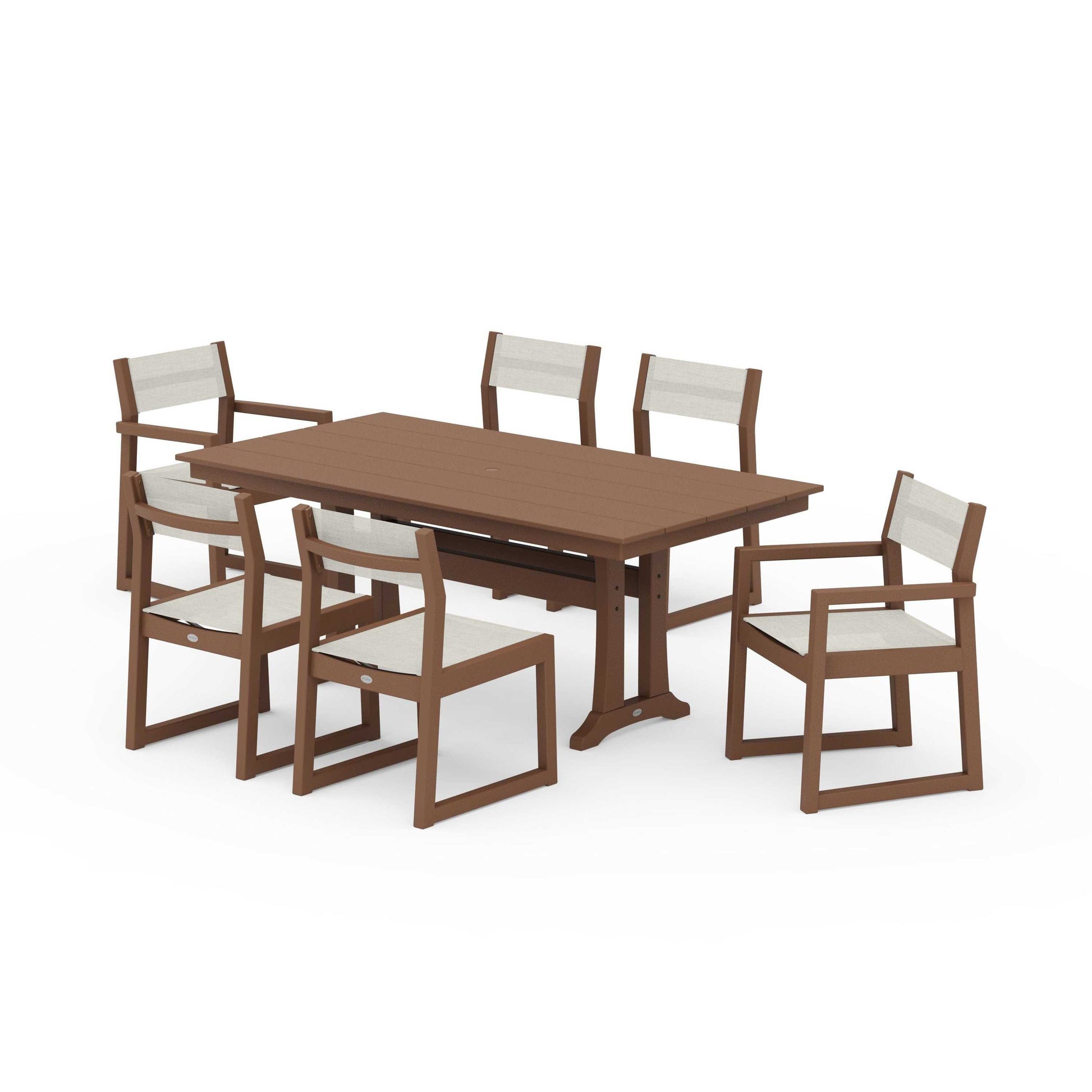 POLYWOOD EDGE Sling 7-Piece Farmhouse Trestle Dining Set — Teak / Parchment Sling