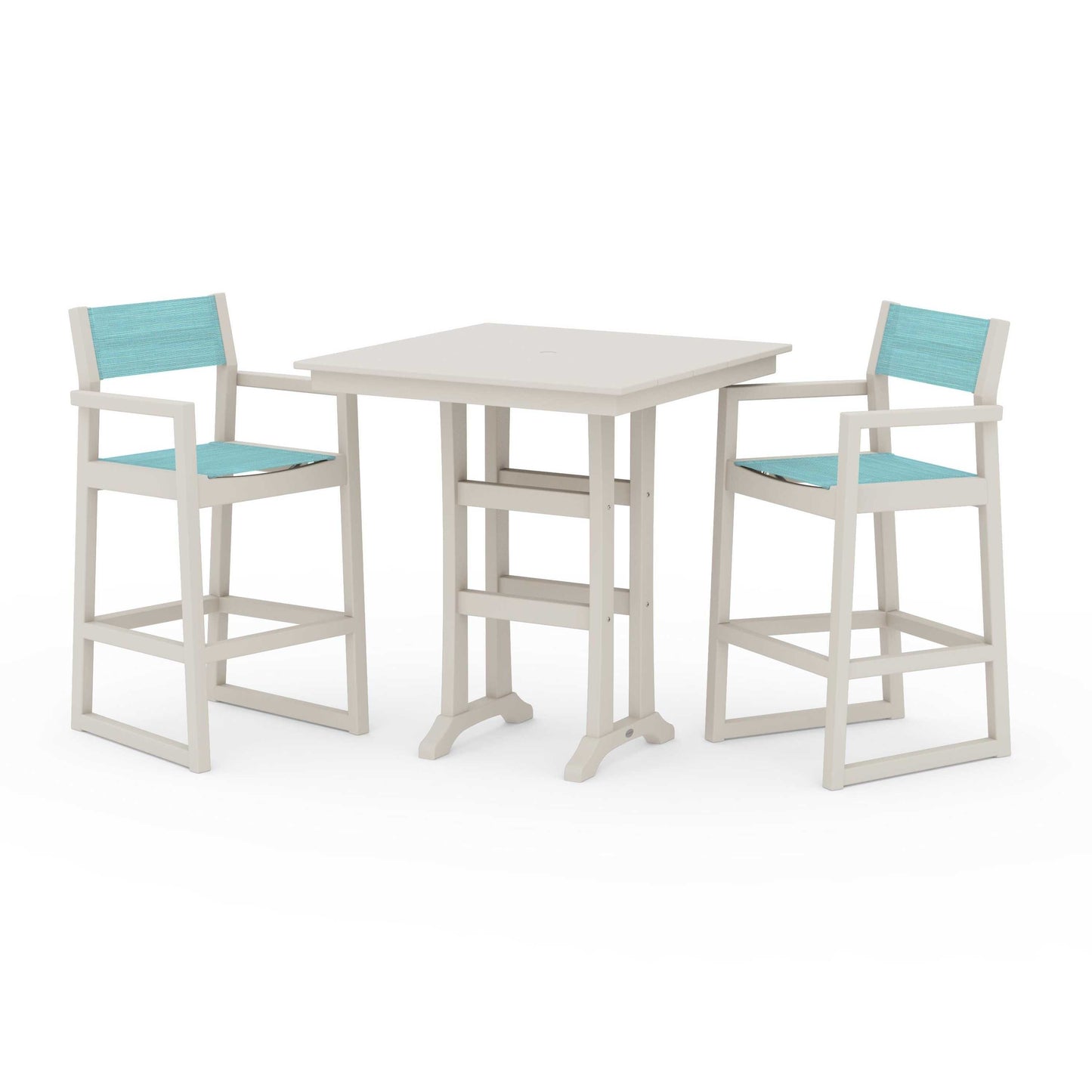 POLYWOOD EDGE Sling Arm Chair 3-Piece Farmhouse Bar Set with Trestle Legs — Sand / Dupioni Aquamarine Sling