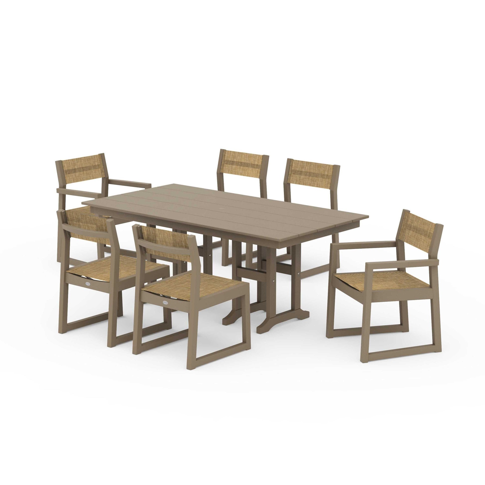 POLYWOOD EDGE Sling 7-Piece Farmhouse Dining Set — Vintage Sahara / Burlap Sling
