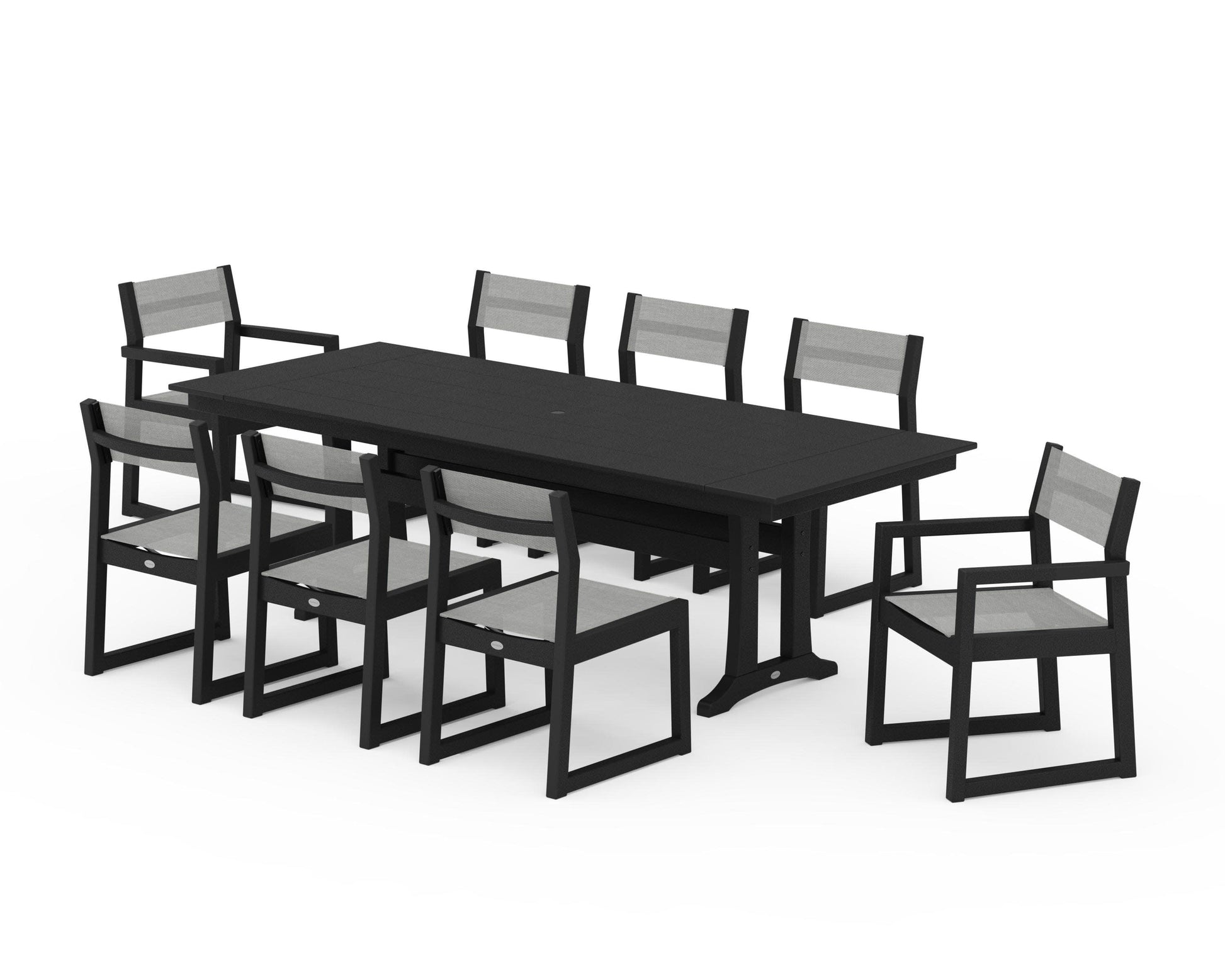 POLYWOOD EDGE Sling 9-Piece Farmhouse Trestle Dining Set — Black / Metallic Sling
