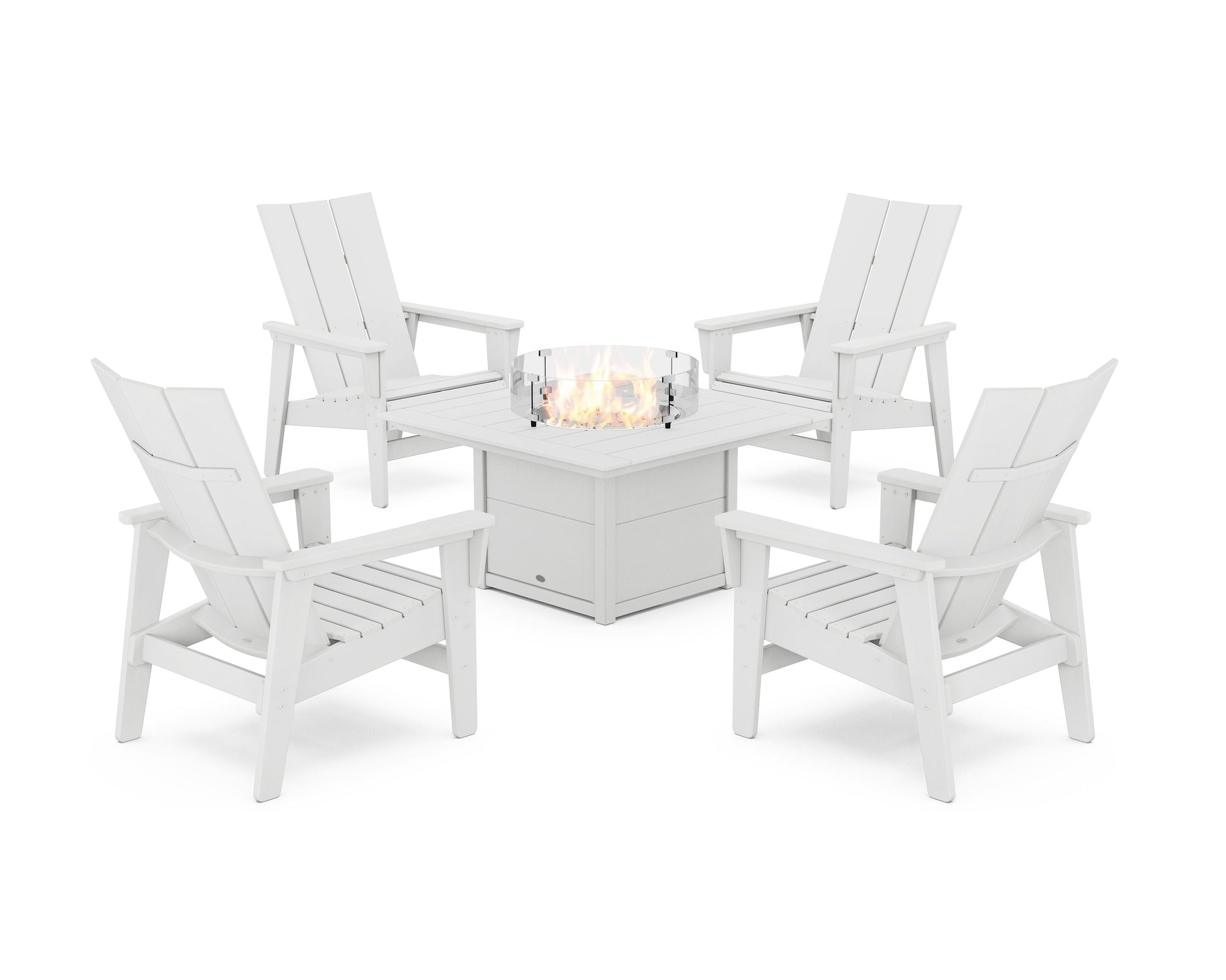 POLYWOOD 5-Piece Modern Grand Upright Adirondack Conversation Set with Fire Pit Table — White