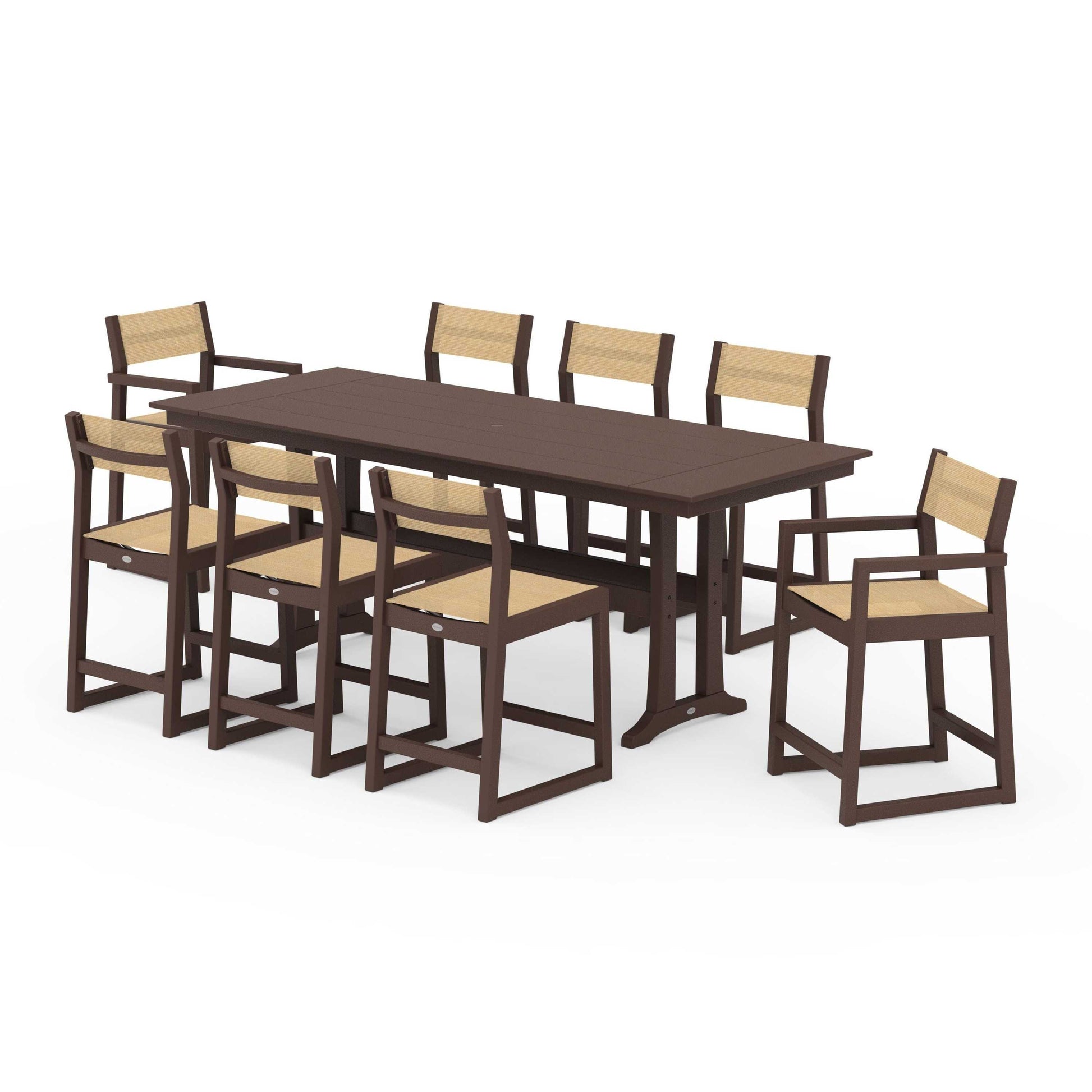POLYWOOD EDGE Sling 9-Piece Farmhouse Counter Set with Trestle Legs — Mahogany / Dupioni Apricot Sling