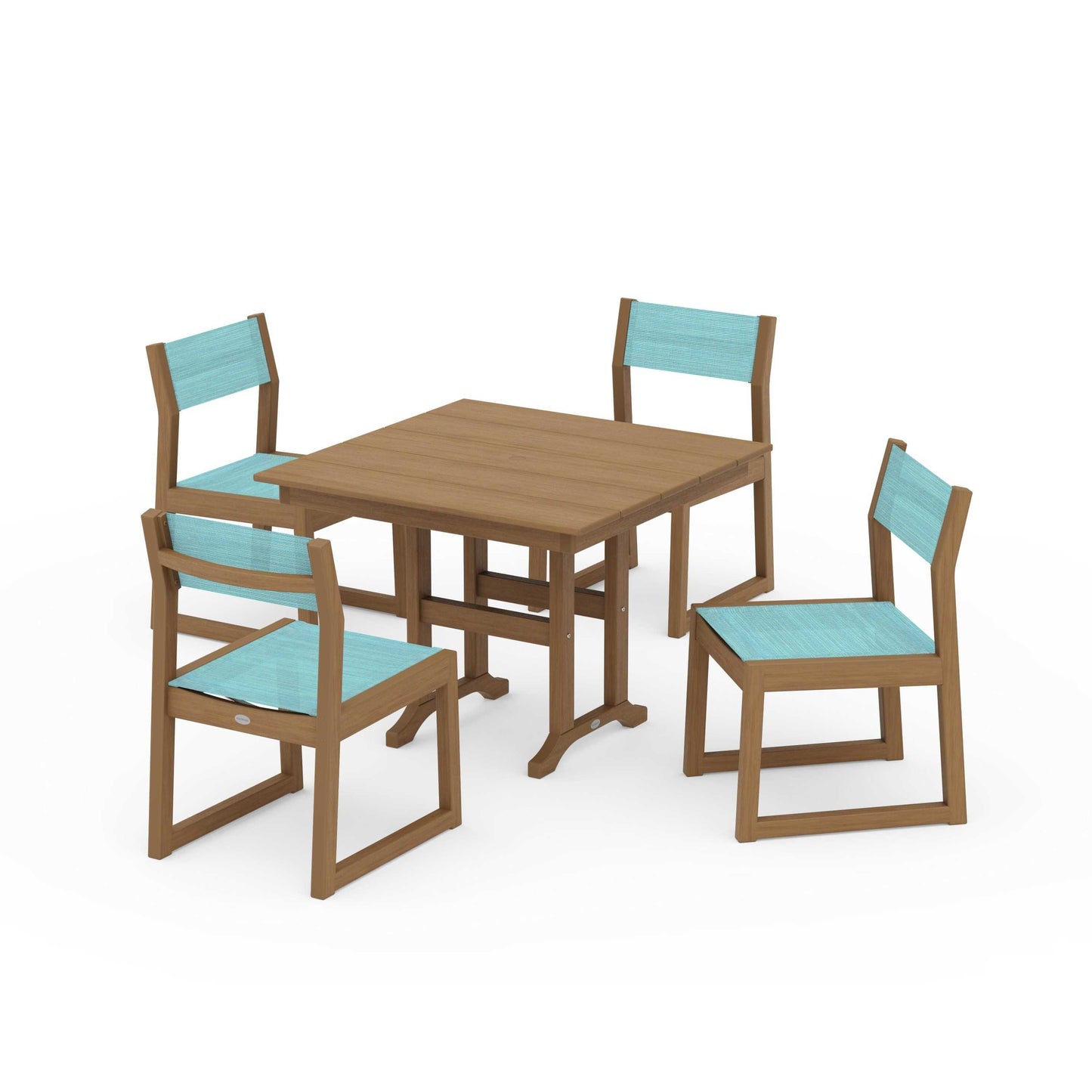 POLYWOOD EDGE Sling Side Chair 5-Piece Farmhouse Dining Set — Natural / Dupioni Aquamarine Sling