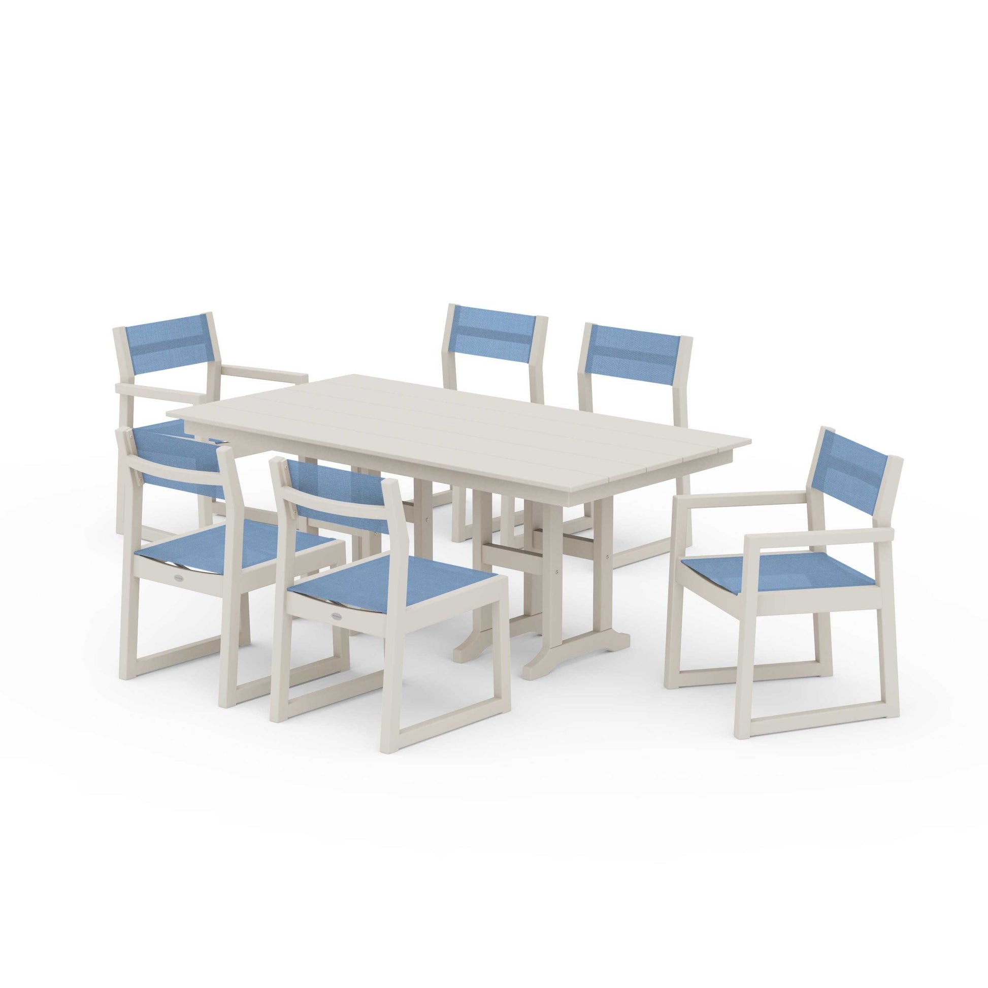 POLYWOOD EDGE Sling 7-Piece Farmhouse Dining Set — Sand / Poolside Sling
