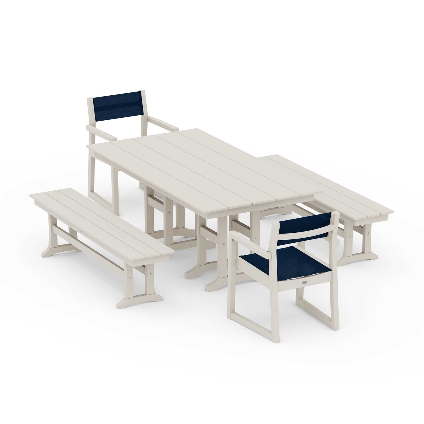 POLYWOOD EDGE Sling Arm Chair 5-Piece Farmhouse Dining Set with Benches — Sand / Navy Blue Sling