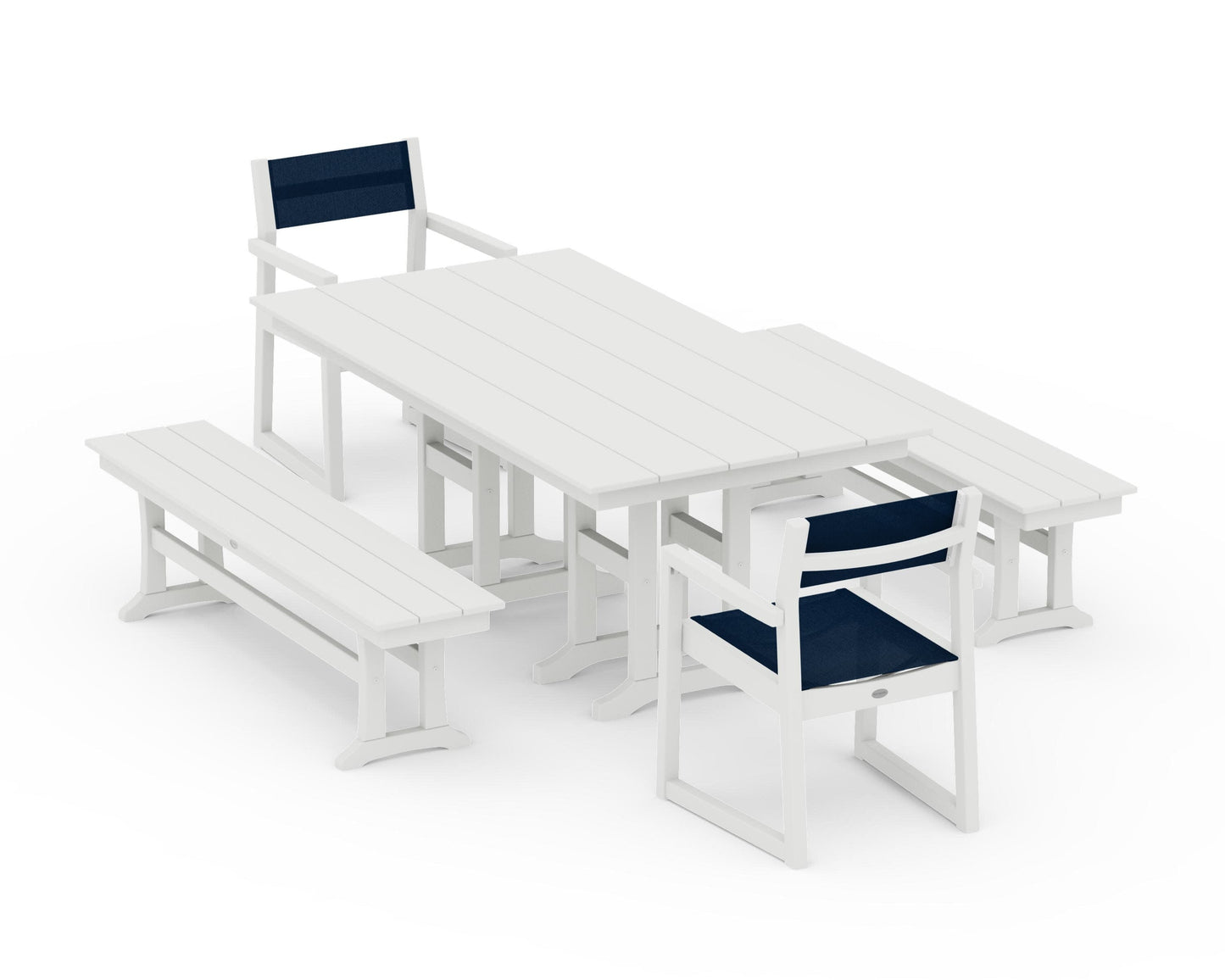 POLYWOOD EDGE Sling Arm Chair 5-Piece Farmhouse Dining Set with Benches — Vintage White / Navy Blue Sling