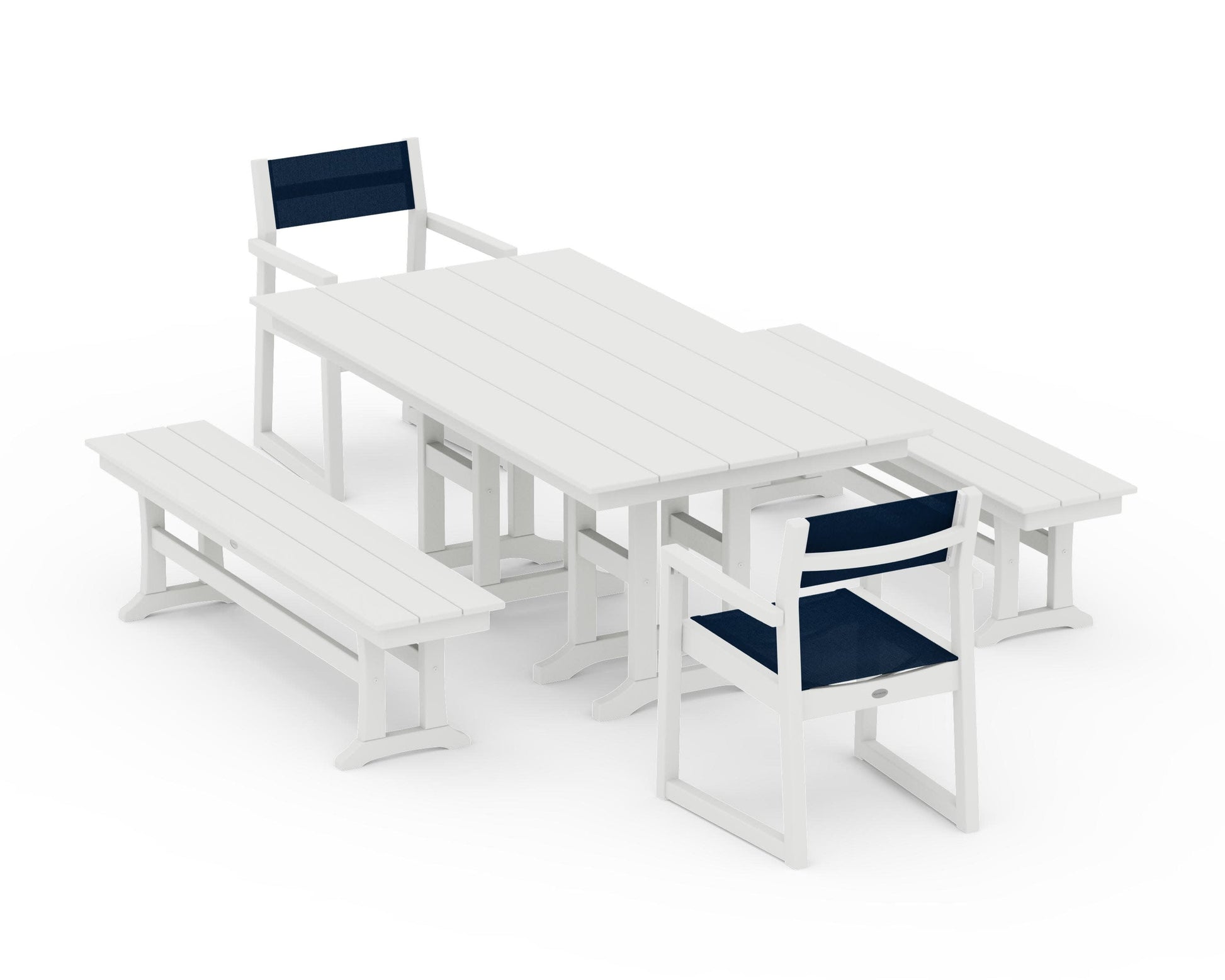 POLYWOOD EDGE Sling Arm Chair 5-Piece Farmhouse Dining Set with Benches — Vintage White / Navy Blue Sling