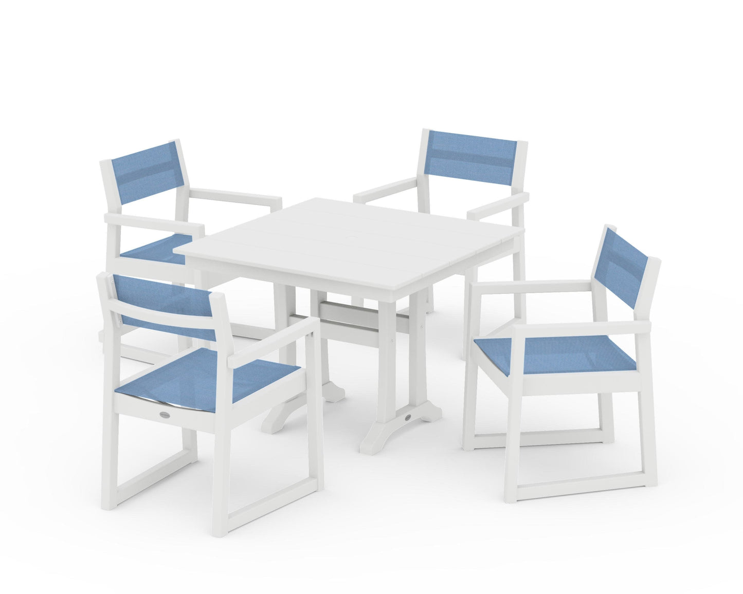 POLYWOOD EDGE Sling 5-Piece Farmhouse Dining Set with Trestle Legs — White / Poolside Sling