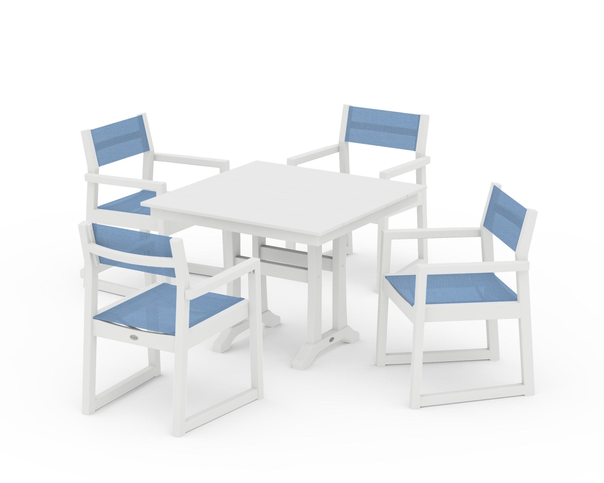 POLYWOOD EDGE Sling 5-Piece Farmhouse Dining Set with Trestle Legs — White / Poolside Sling