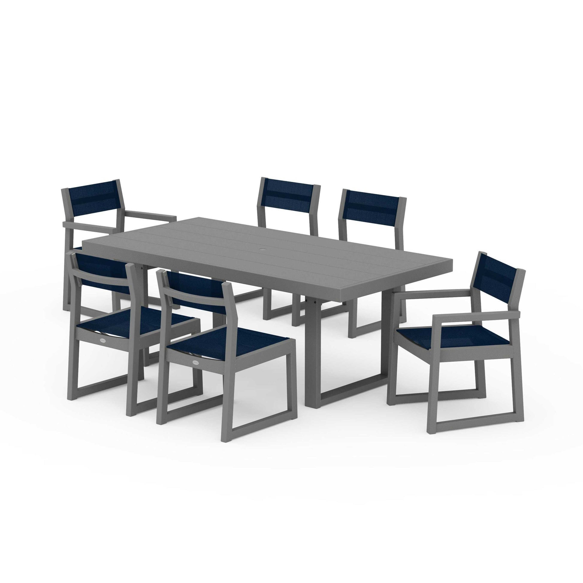 POLYWOOD EDGE Sling 7-Piece Dining Set — Slate Grey / Navy Blue Sling