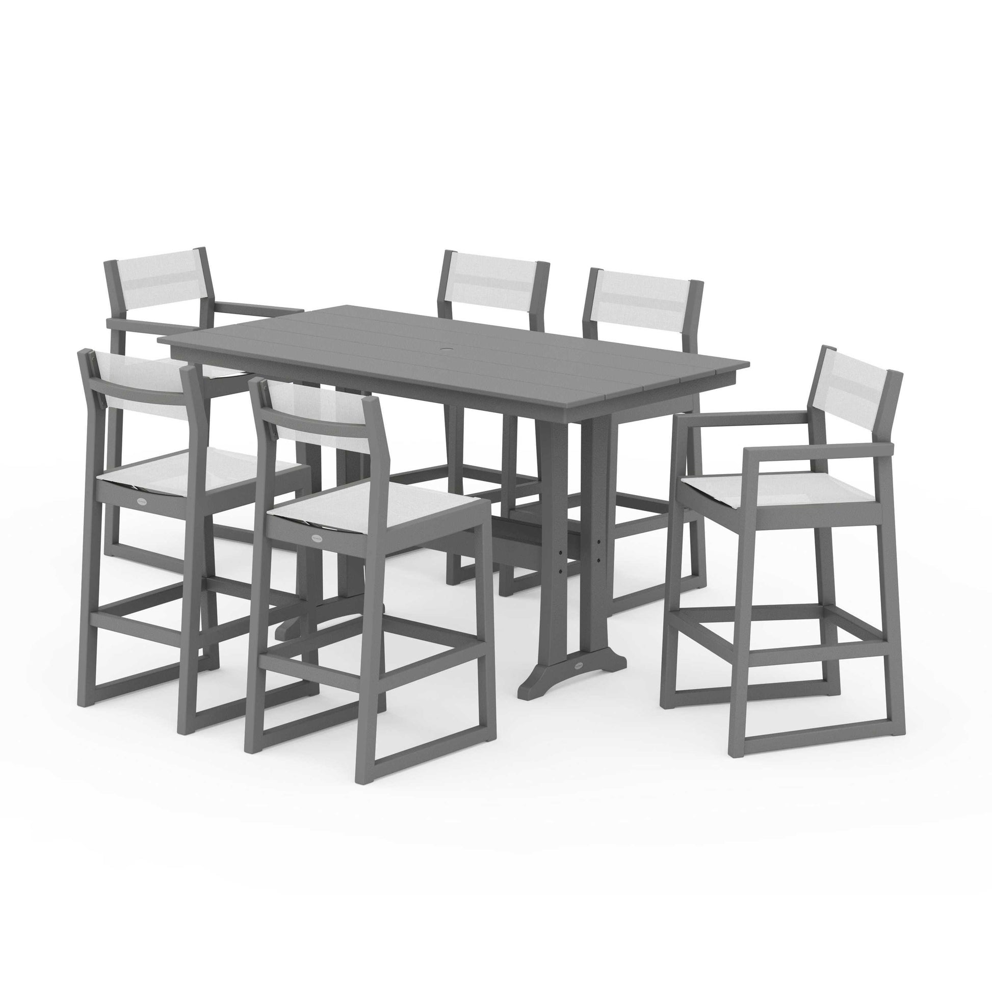 POLYWOOD EDGE Sling 7-Piece Farmhouse Bar Set with Trestle Legs — Slate Grey / White Sling