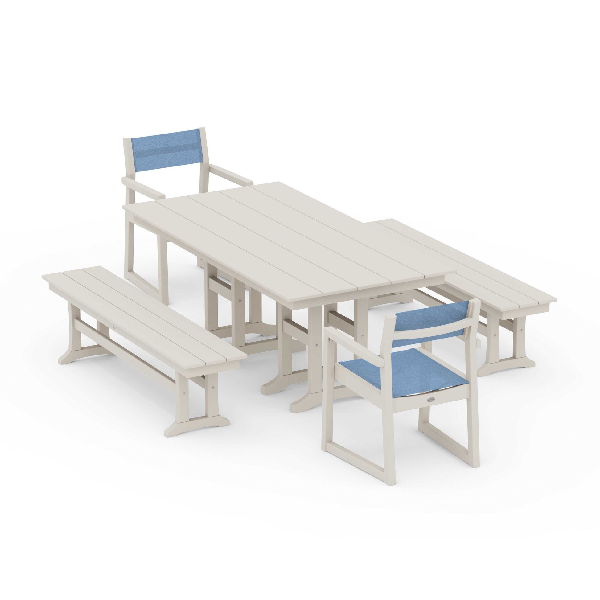 POLYWOOD EDGE Sling Arm Chair 5-Piece Farmhouse Dining Set with Benches — Sand / Poolside Sling
