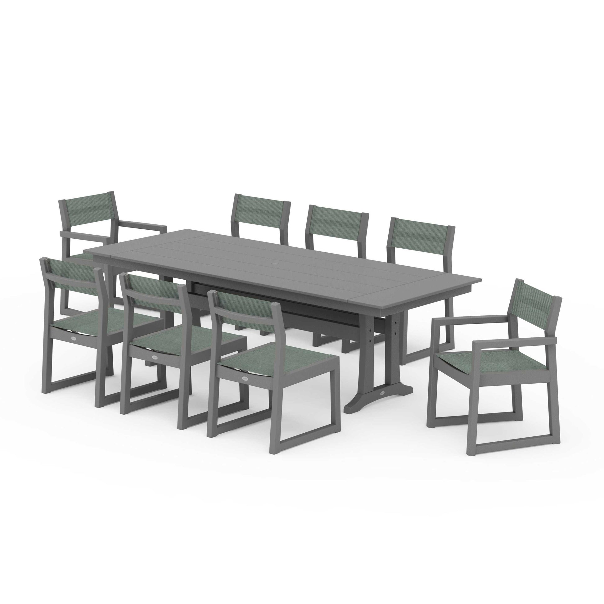 POLYWOOD EDGE Sling 9-Piece Farmhouse Trestle Dining Set — Slate Grey / Dupioni Sea Mist Sling