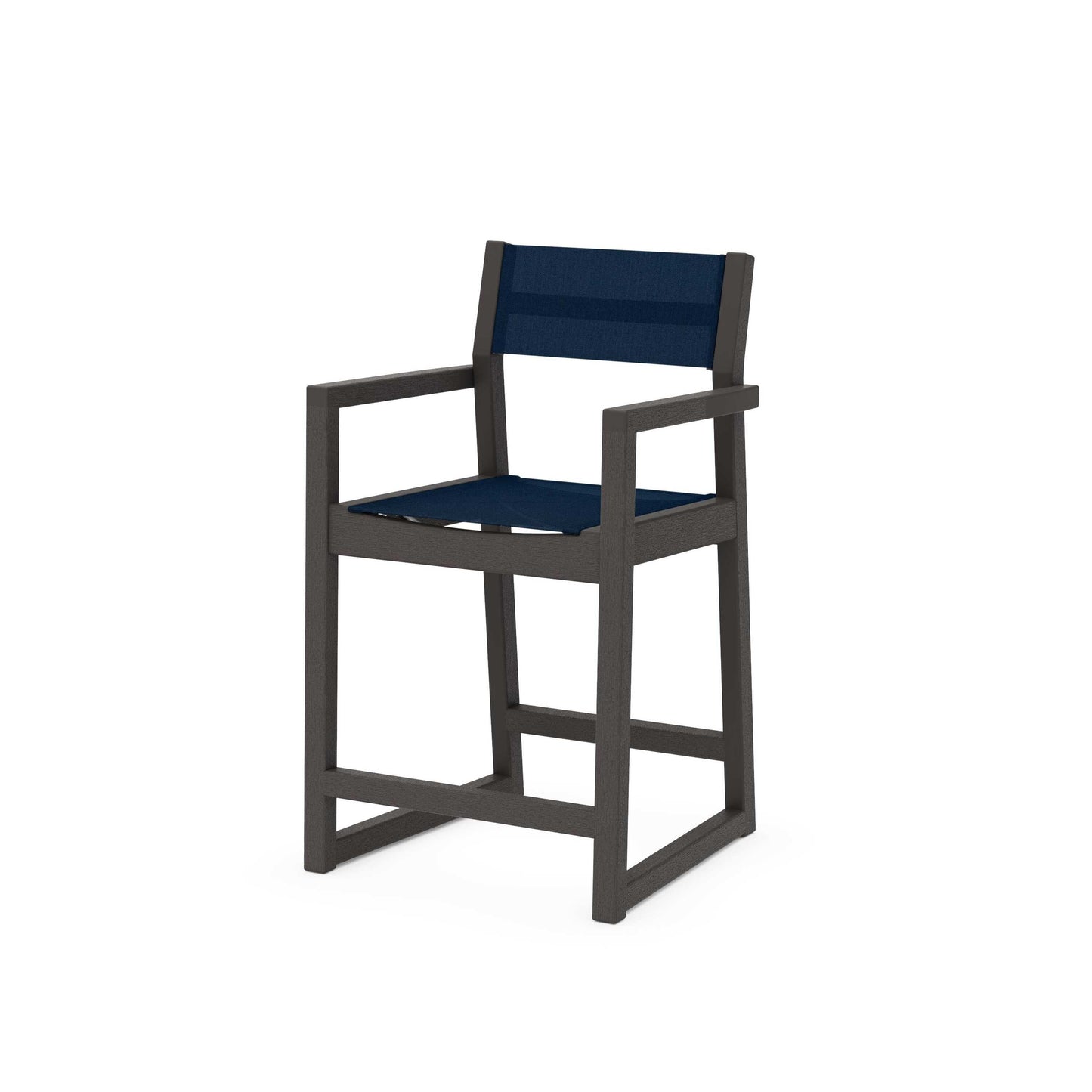 POLYWOOD EDGE Sling Counter Arm Chair — Vintage Coffee / Navy Blue Sling
