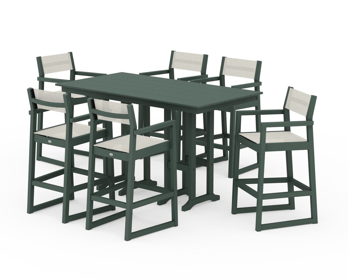 POLYWOOD EDGE Sling Arm Chair 7-Piece Farmhouse Bar Set — Green / Parchment Sling