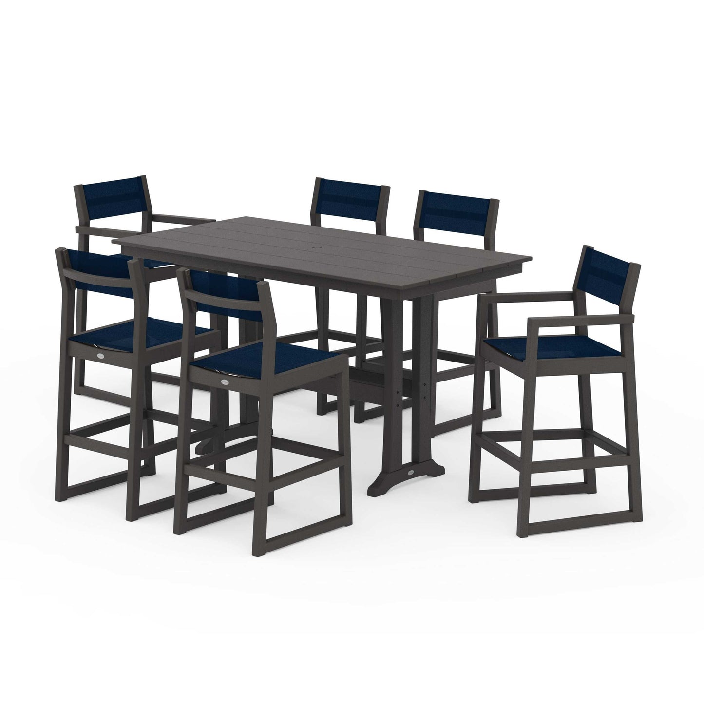 POLYWOOD EDGE Sling 7-Piece Farmhouse Bar Set with Trestle Legs — Vintage Coffee / Navy Blue Sling