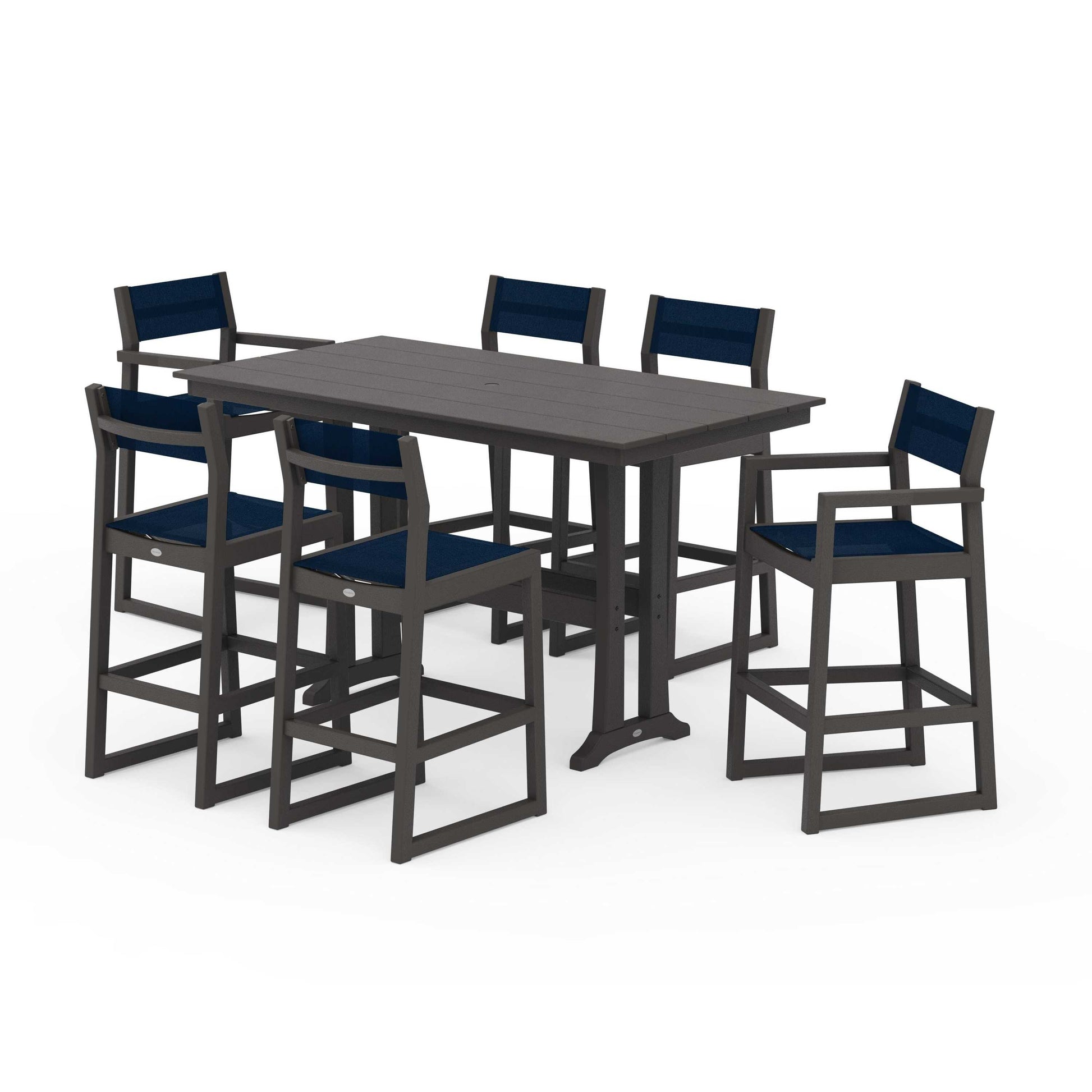 POLYWOOD EDGE Sling 7-Piece Farmhouse Bar Set with Trestle Legs — Vintage Coffee / Navy Blue Sling