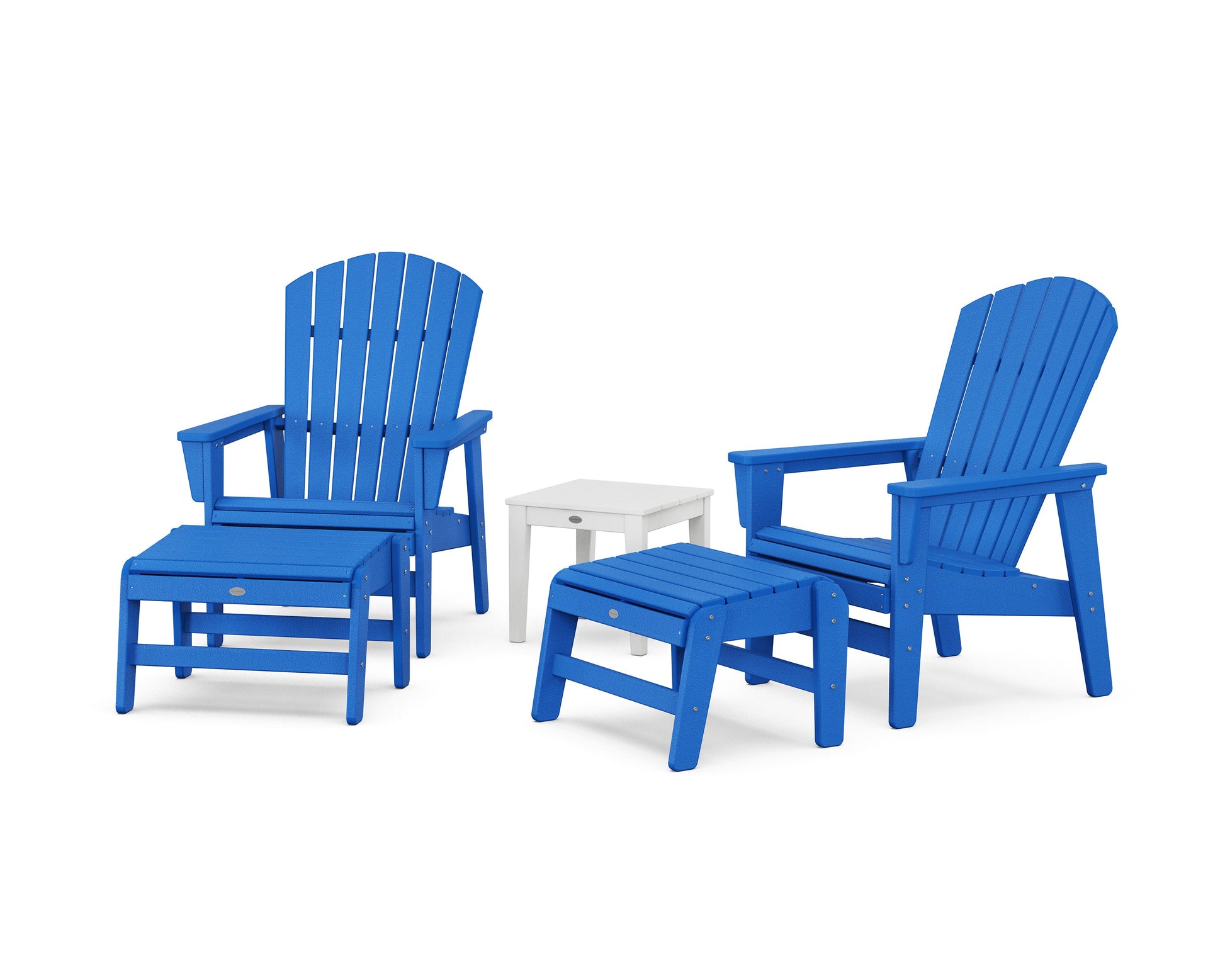 POLYWOOD 5-Piece Nautical Grand Upright Adirondack Set with Ottomans and Side Table — Pacific Blue / White