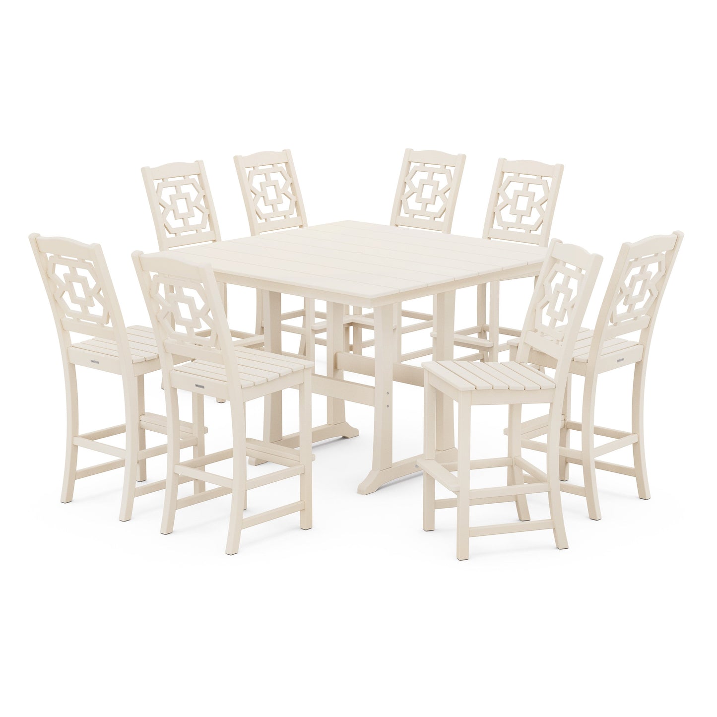 POLYWOOD Chinoiserie 9-Piece Square Farmhouse Side Chair Bar Set with Trestle Legs — Sand