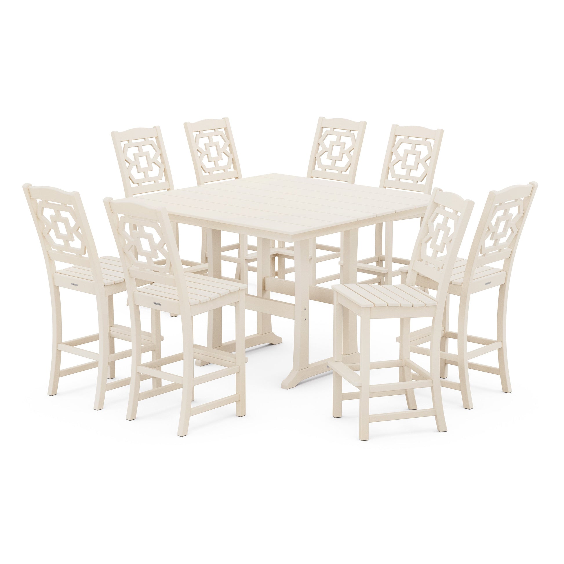 POLYWOOD Chinoiserie 9-Piece Square Farmhouse Side Chair Bar Set with Trestle Legs — Sand