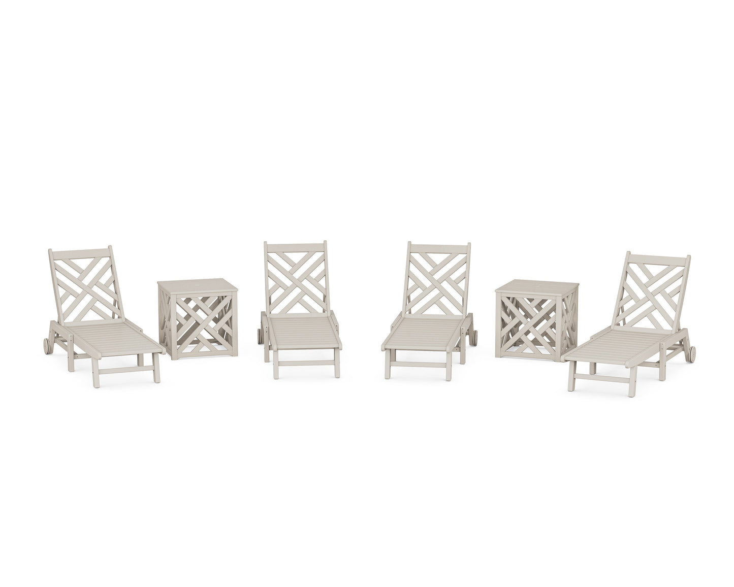 POLYWOOD Chippendale 6-Piece Chaise Set with Wheels and Umbrella Stand Accent Table — Sand