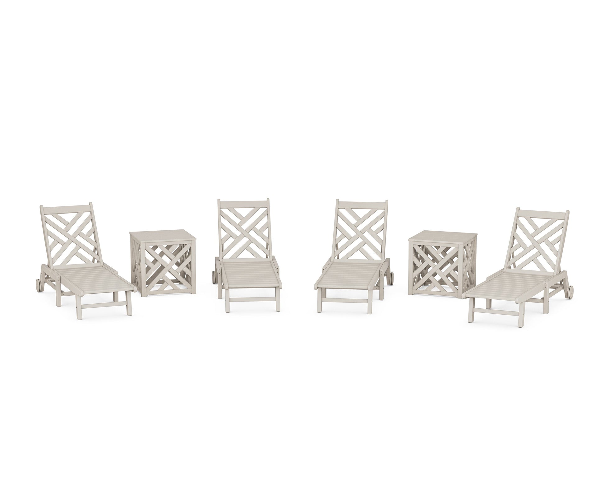 POLYWOOD Chippendale 6-Piece Chaise Set with Wheels and Umbrella Stand Accent Table — Sand