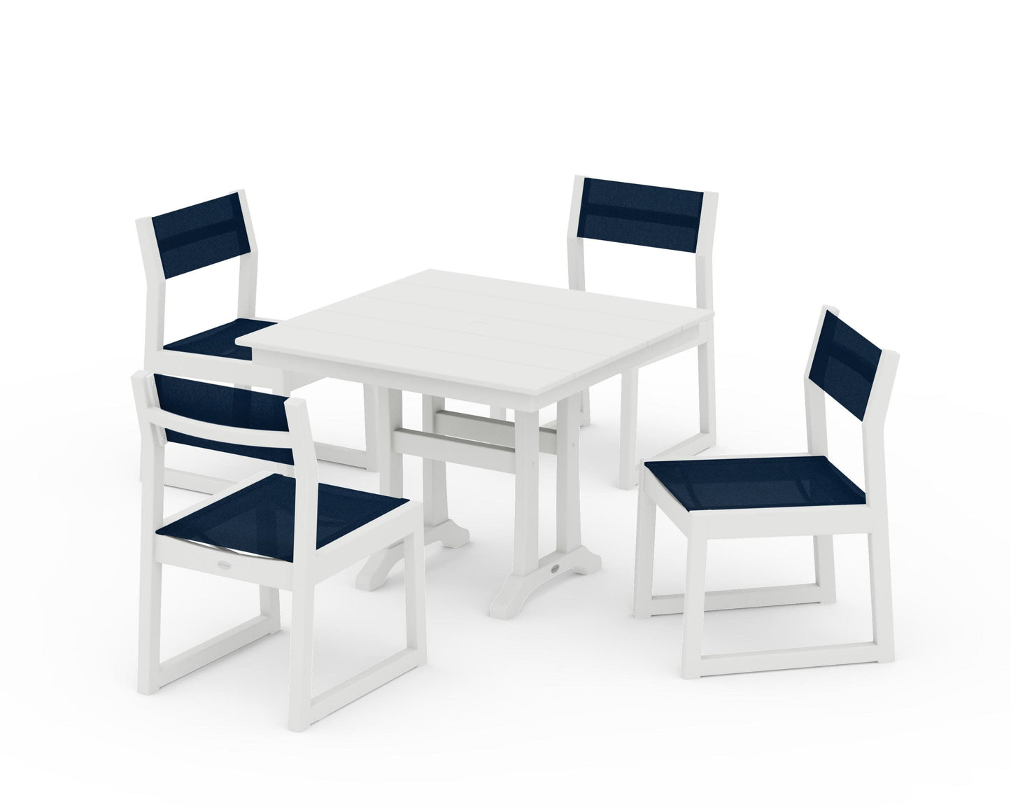 POLYWOOD EDGE Sling 5-Piece Farmhouse Trestle Side Chair Dining Set — Vintage White / Navy Blue Sling