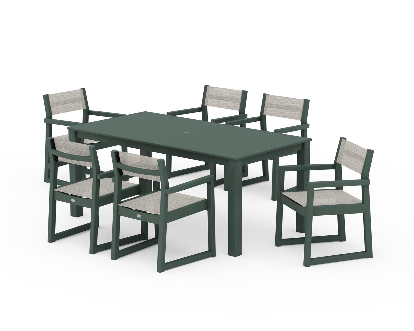 POLYWOOD EDGE Sling Arm Chair 7-Piece Parsons Dining Set — Green / Birch Sling