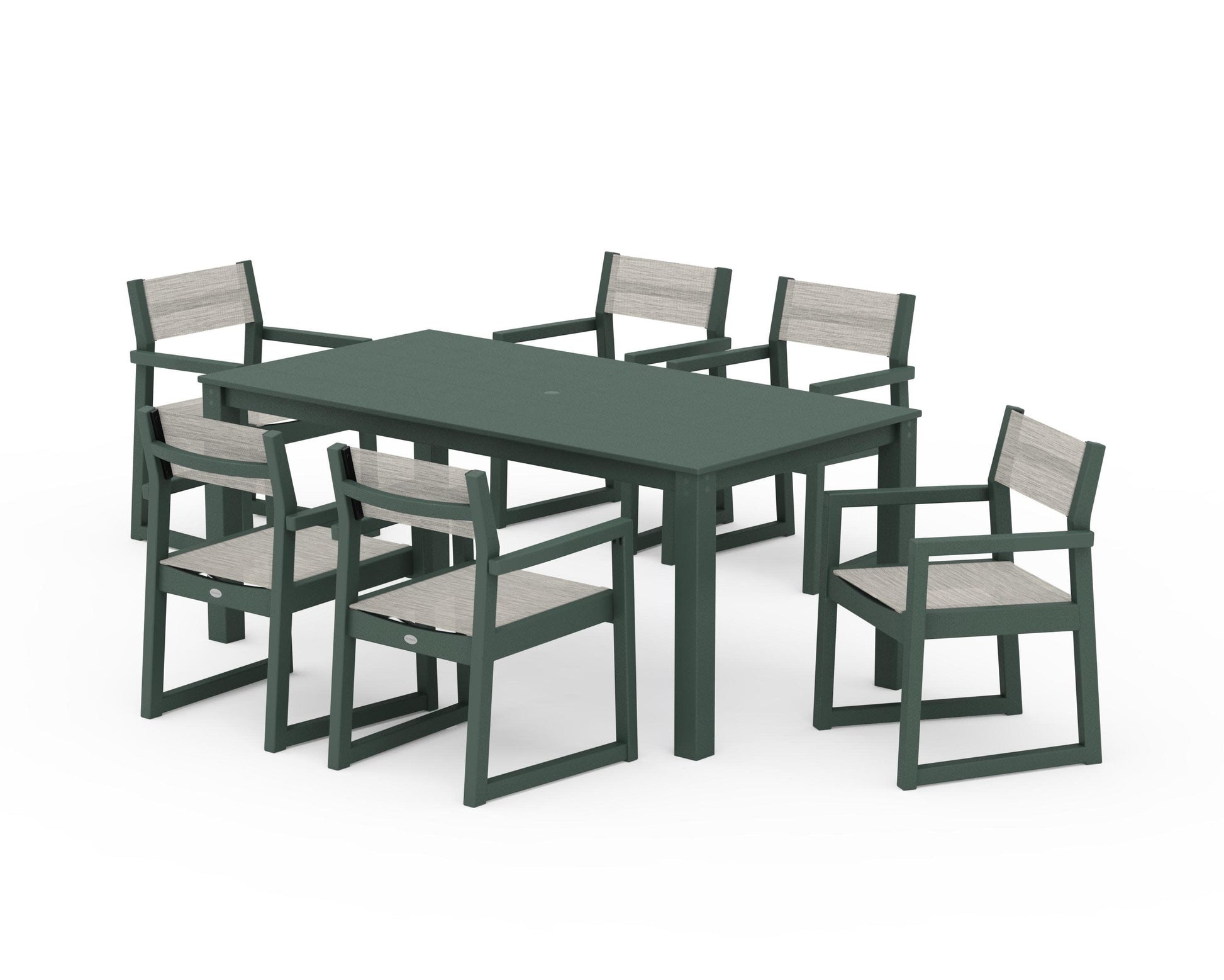 POLYWOOD EDGE Sling Arm Chair 7-Piece Parsons Dining Set — Green / Birch Sling