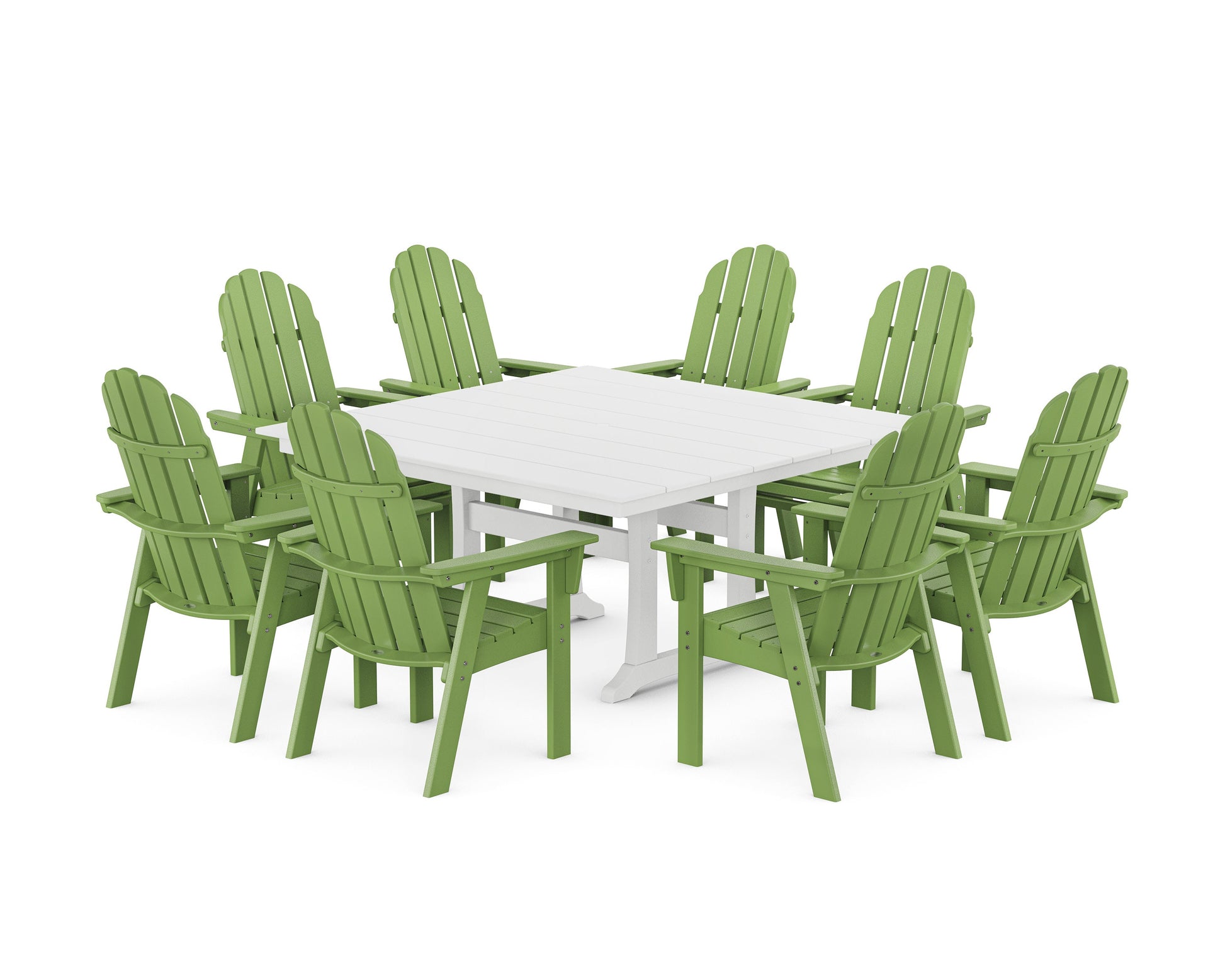 POLYWOOD Vineyard Curveback Adirondack 9-Piece Square Farmhouse Dining Set with Trestle Legs — Lime / White
