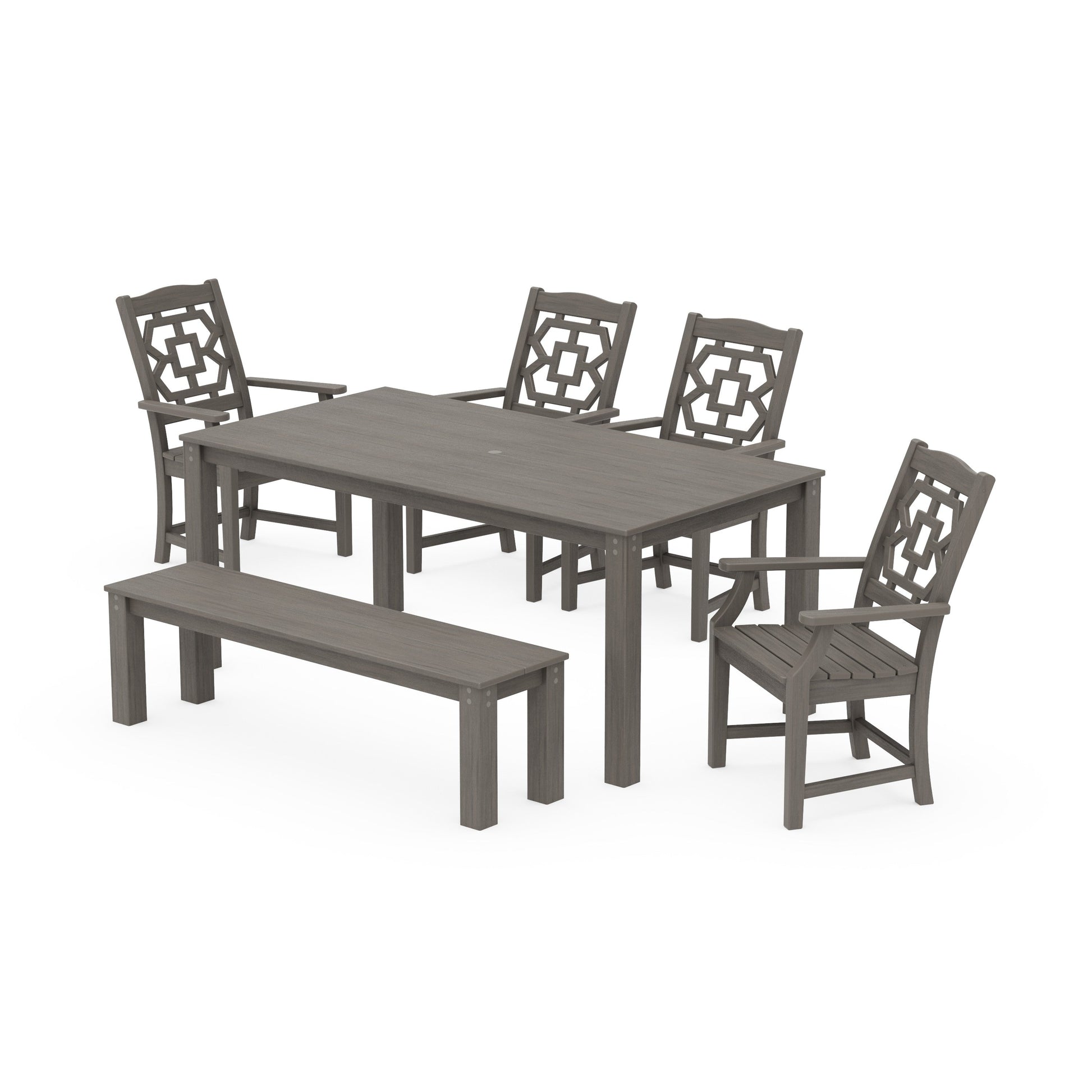 POLYWOOD Chinoiserie 6-Piece Parsons Dining Set with Bench — Driftwood