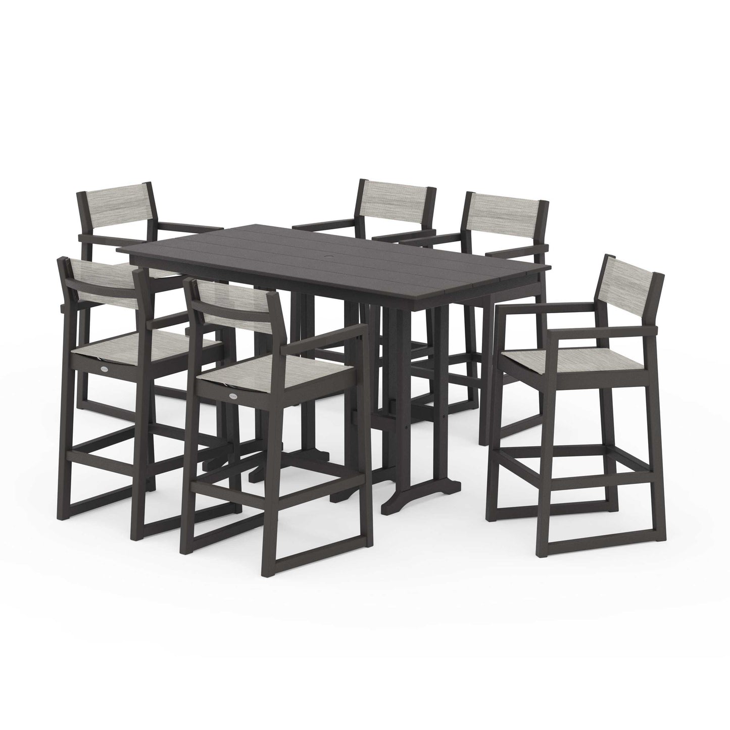 POLYWOOD EDGE Sling Arm Chair 7-Piece Farmhouse Bar Set — Vintage Coffee / Birch Sling