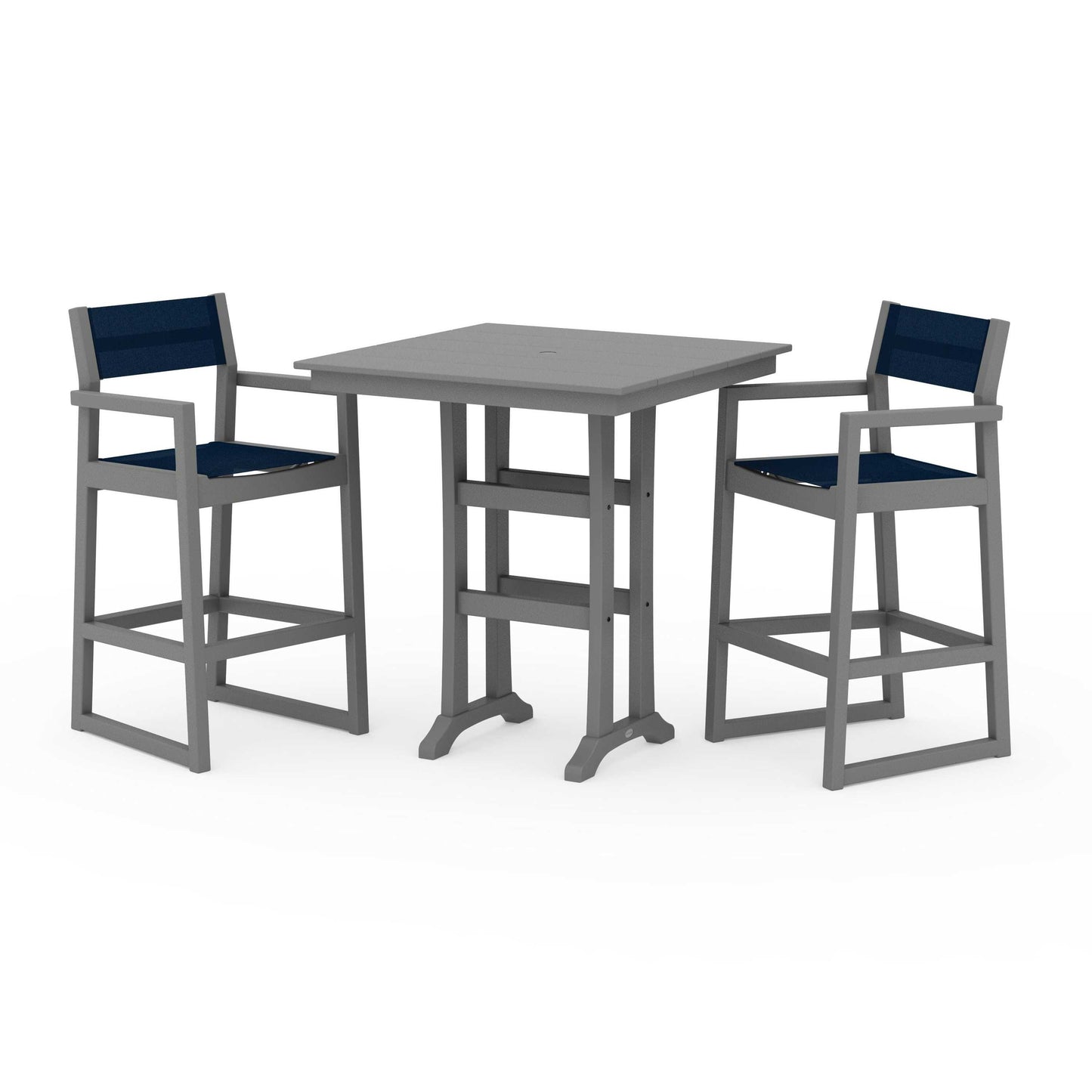 POLYWOOD EDGE Sling Arm Chair 3-Piece Farmhouse Bar Set with Trestle Legs — Slate Grey / Navy Blue Sling