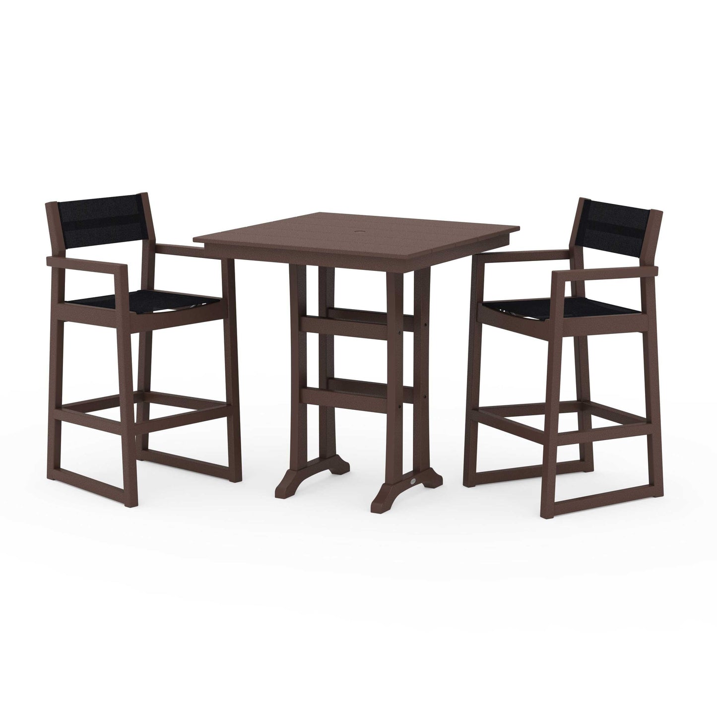 POLYWOOD EDGE Sling Arm Chair 3-Piece Farmhouse Bar Set with Trestle Legs — Mahogany / Black Sling
