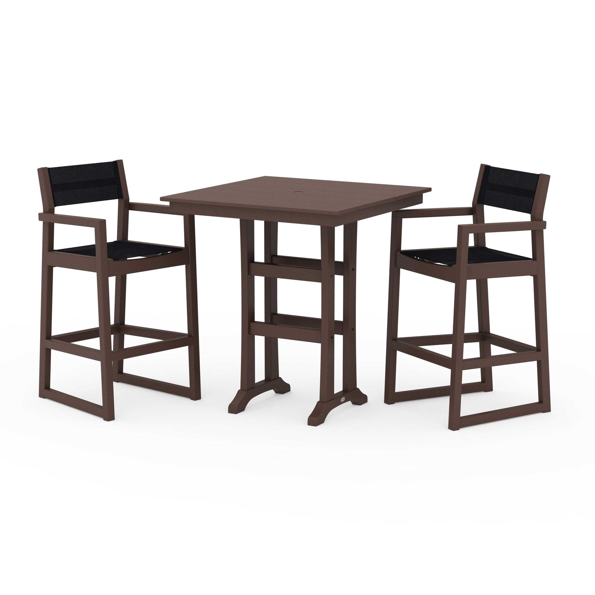 POLYWOOD EDGE Sling Arm Chair 3-Piece Farmhouse Bar Set with Trestle Legs — Mahogany / Black Sling