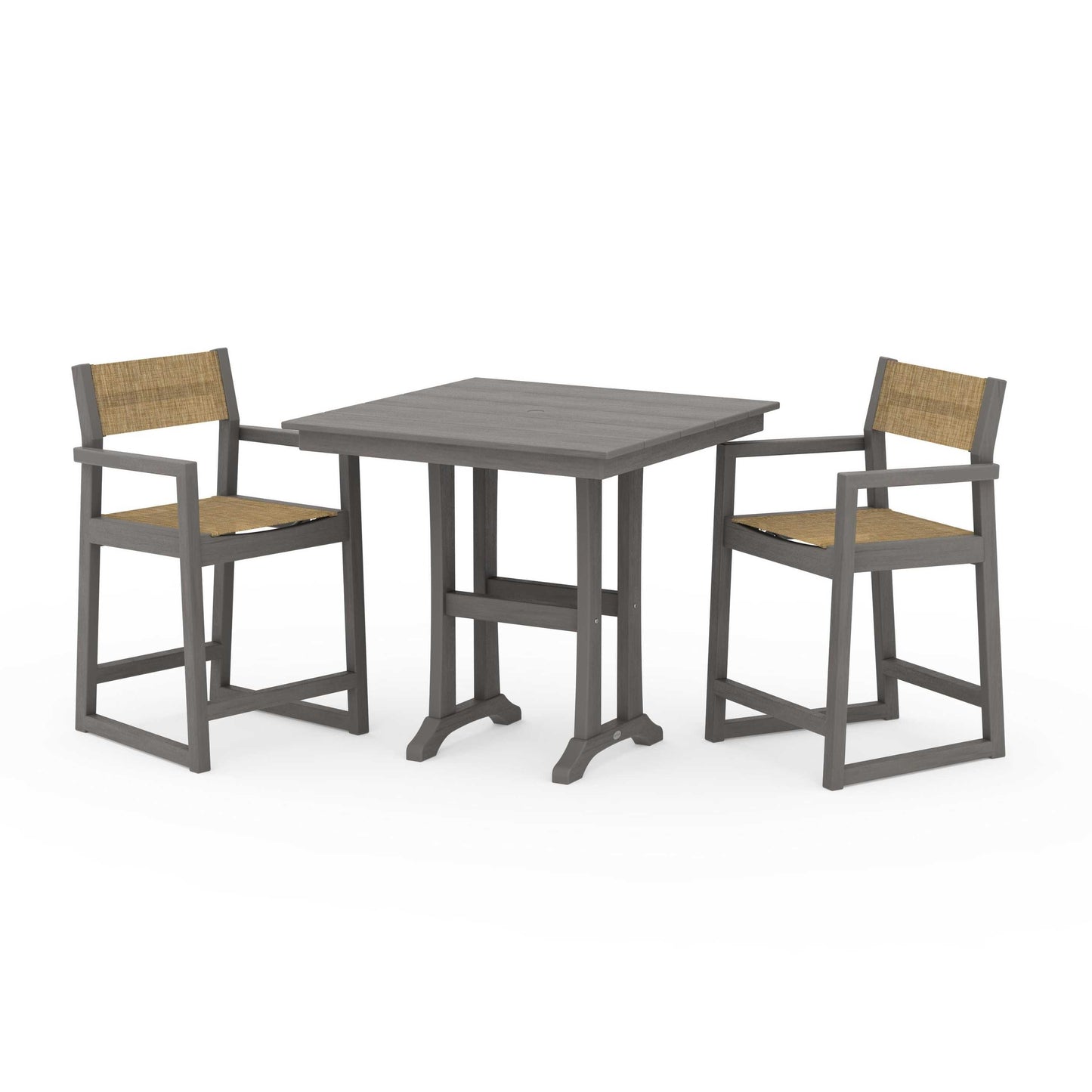 POLYWOOD EDGE Sling Arm Chair 3-Piece Farmhouse Counter Set with Trestle Legs — Driftwood / Burlap Sling
