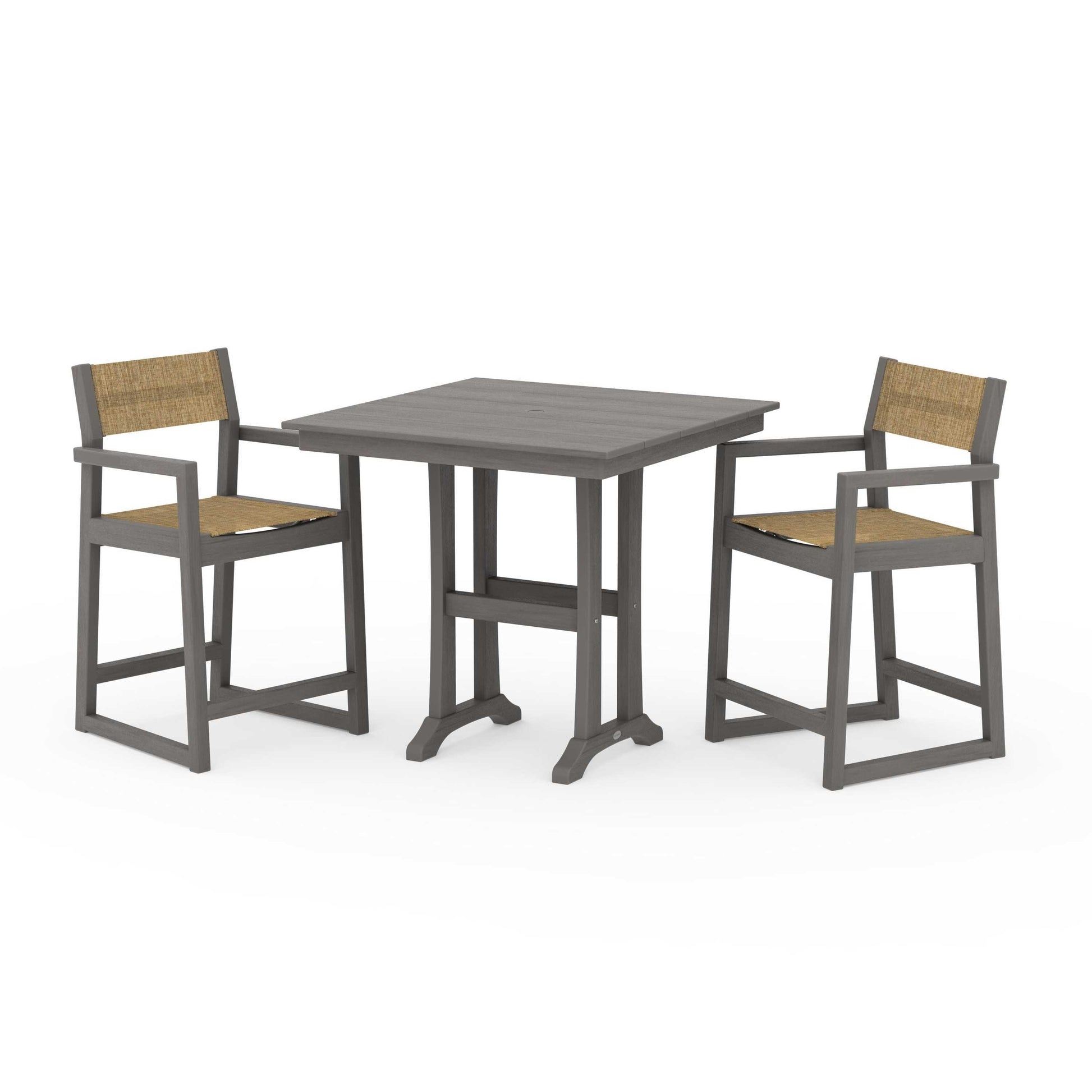 POLYWOOD EDGE Sling Arm Chair 3-Piece Farmhouse Counter Set with Trestle Legs — Driftwood / Burlap Sling