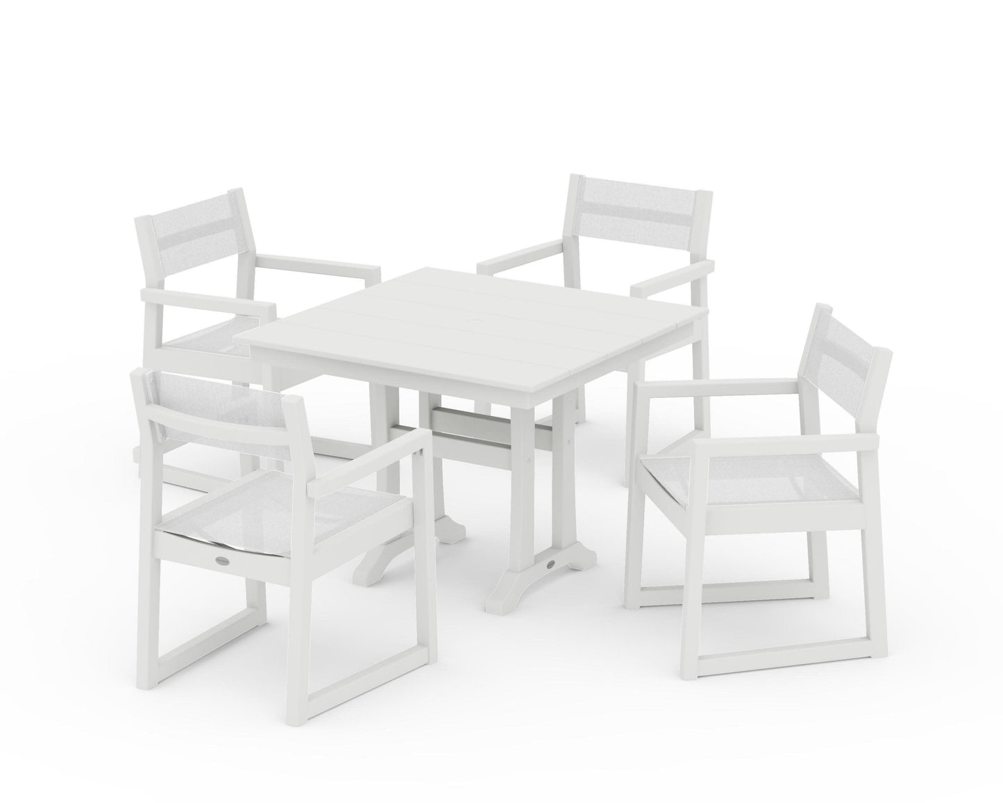 POLYWOOD EDGE Sling 5-Piece Farmhouse Dining Set with Trestle Legs — Vintage White / White Sling